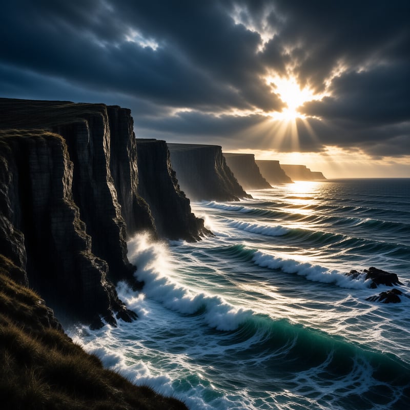 Towering dark coastal cliffs meet churning surf as golden sunbeams burst through heavy storm clouds over the sea.