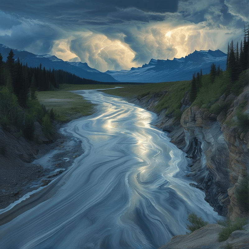 A smooth white river curves between rocky cliffs while lightning illuminates the storm clouds above the peaks.