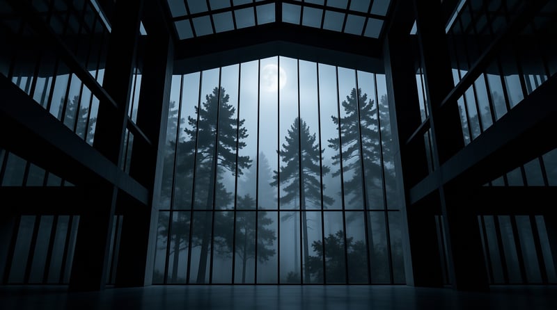 Tall coniferous trees stand shrouded in blue fog beyond the floor to ceiling glass of a dark minimalist open indoor space under a pale full moon.