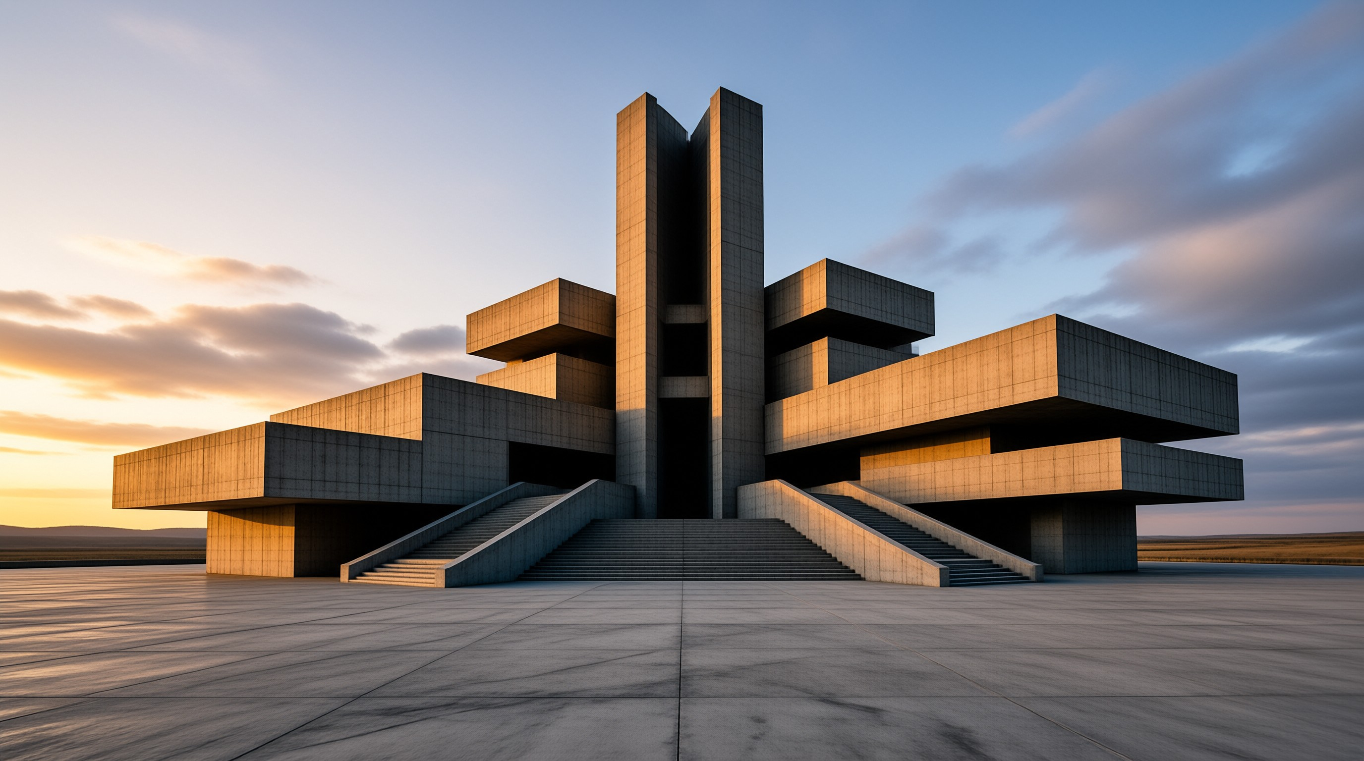 A massive brutalist building with a central tower and symmetrical wings stands on a wide concrete plaza during the warm light of dusk.