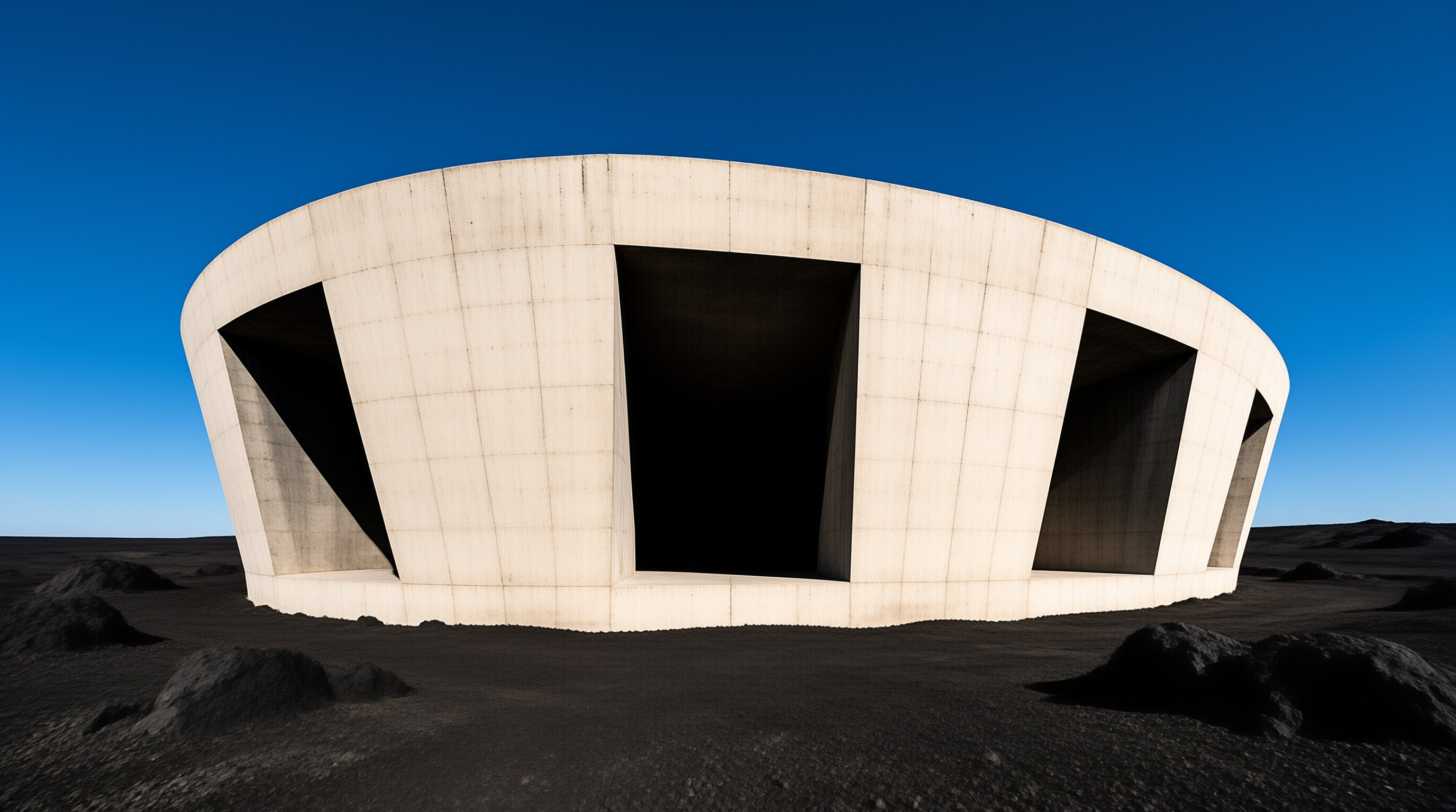 A large white concrete structure with deep cutouts stands isolated in a dark rocky landscape under a blue sky.