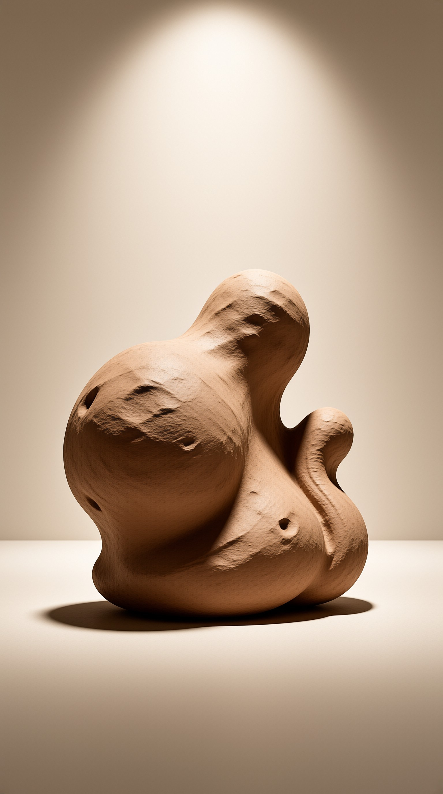 An irregular brown object resembling a lump of clay rests on a plain surface under a focused beam of light.