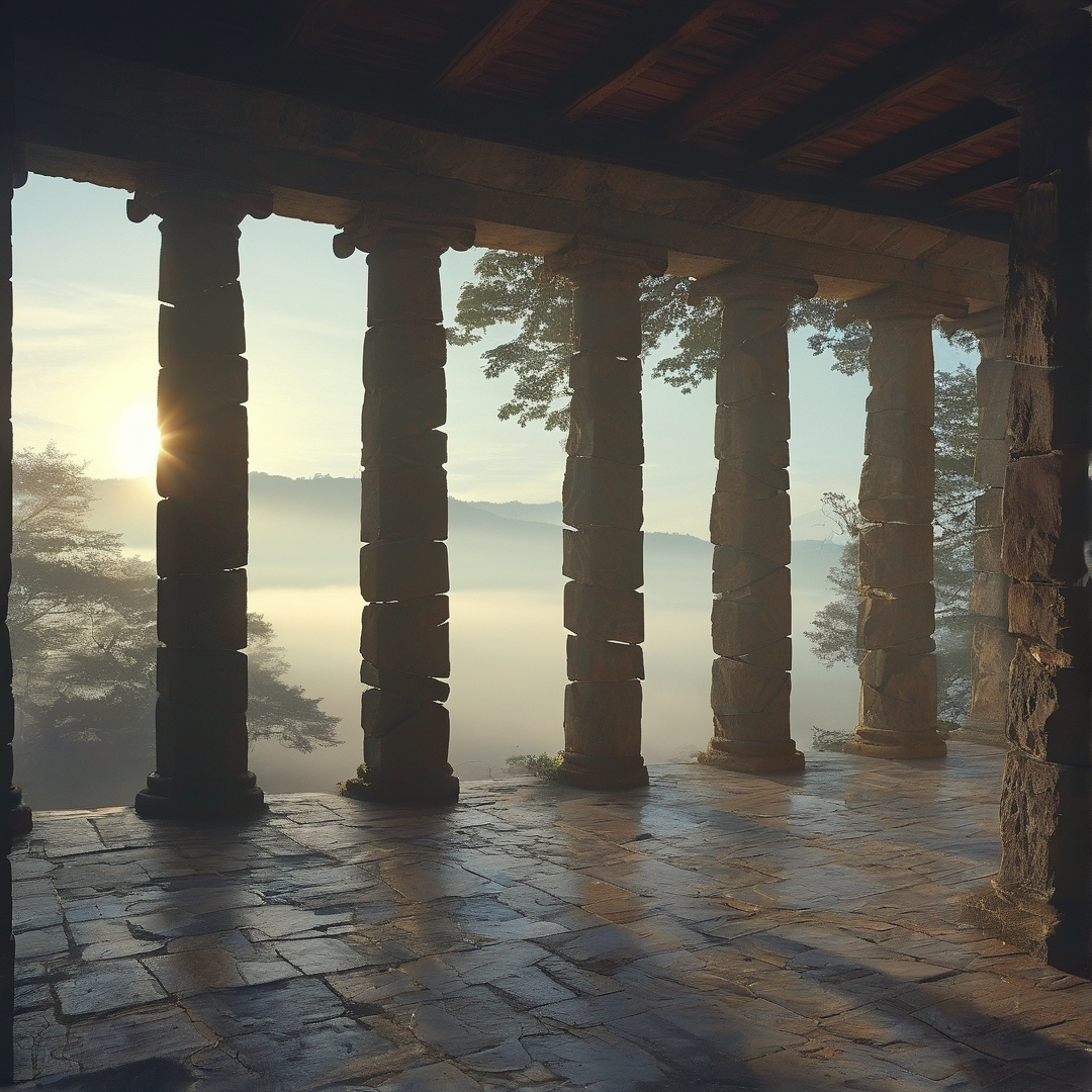 Ancient stone columns stand in a row overlooking a foggy mountain landscape bathed in the warm glow of a rising sun.