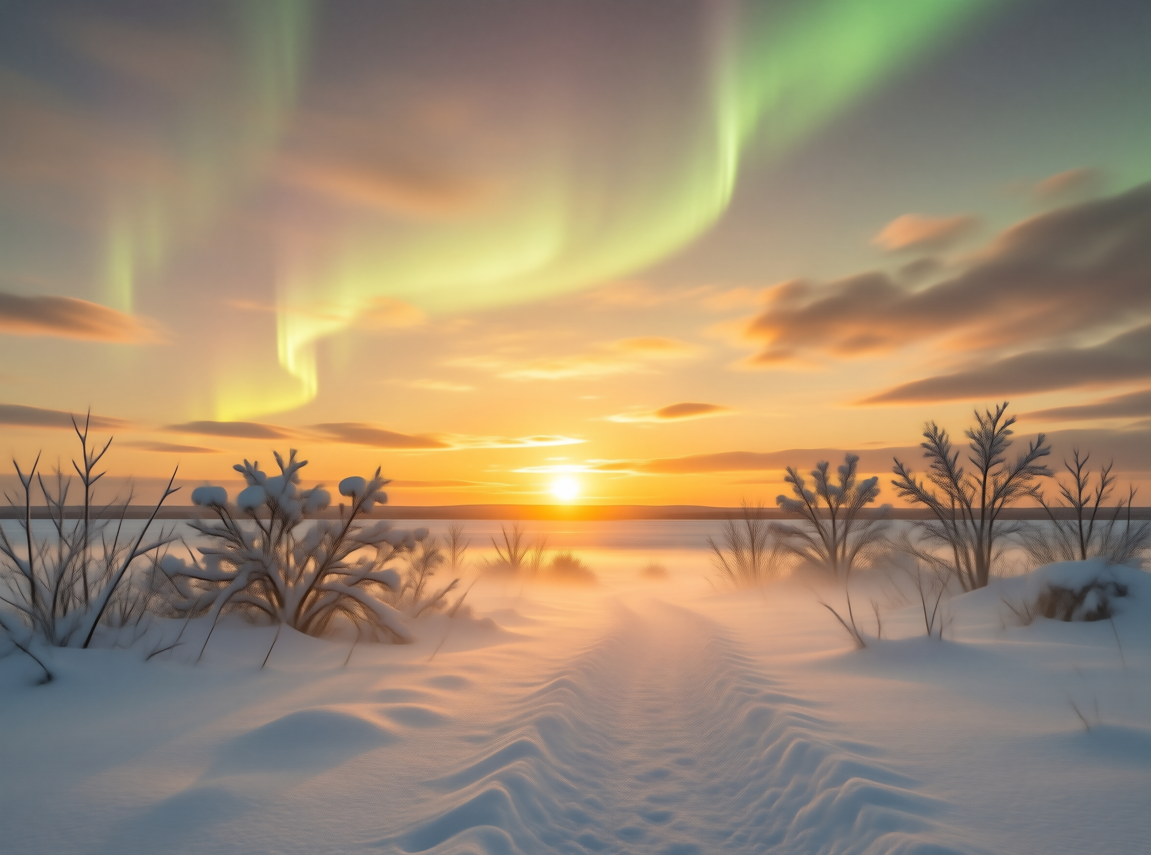 Aurora Borealis Over Snow