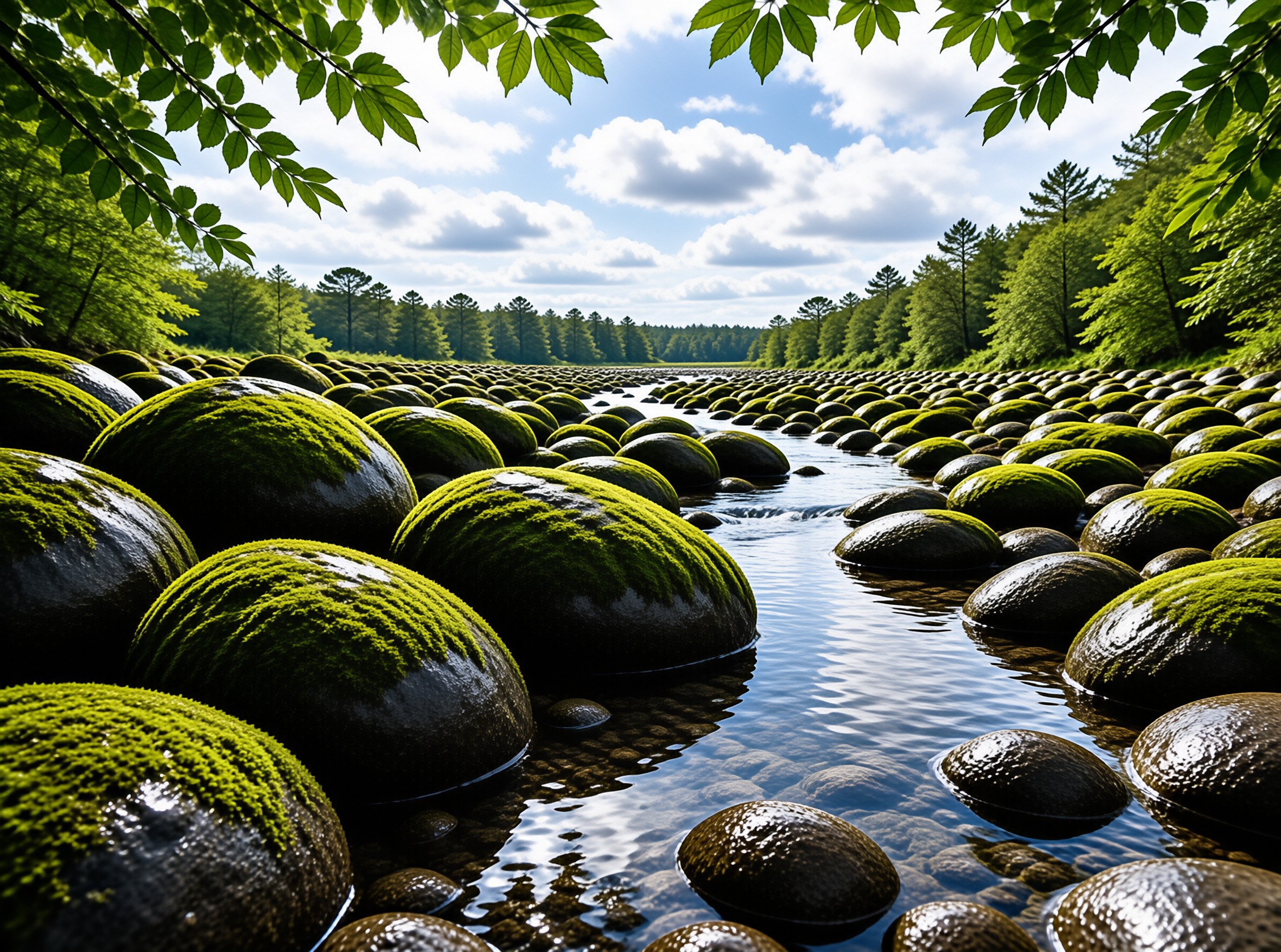 Mossy Stones in Forest Stream