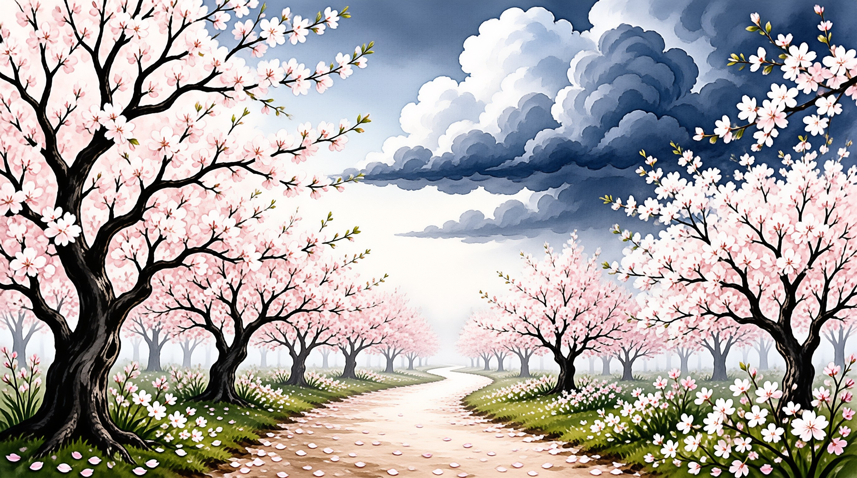 A winding dirt path flanked by blooming cherry blossoms leads into a misty distance below heavy dramatic clouds.