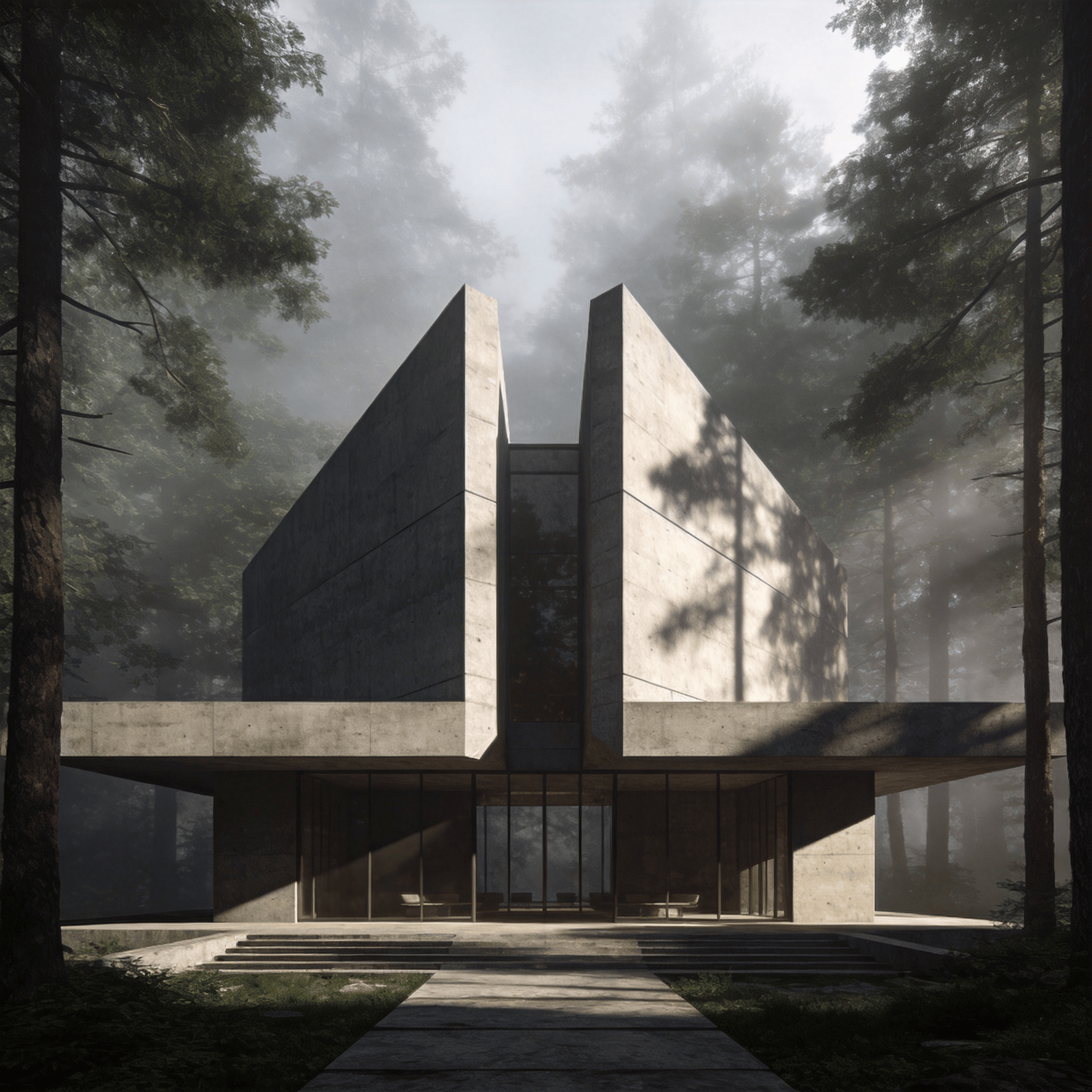 Pavilion with Brutalist Massing — Misty Forest