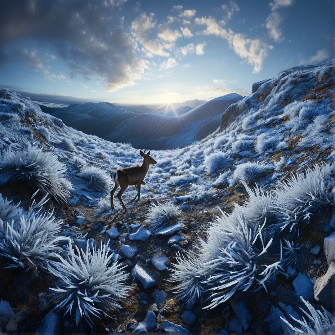 A solitary deer stands on a frosty mountain path as the sun rises behind distant blue peaks.