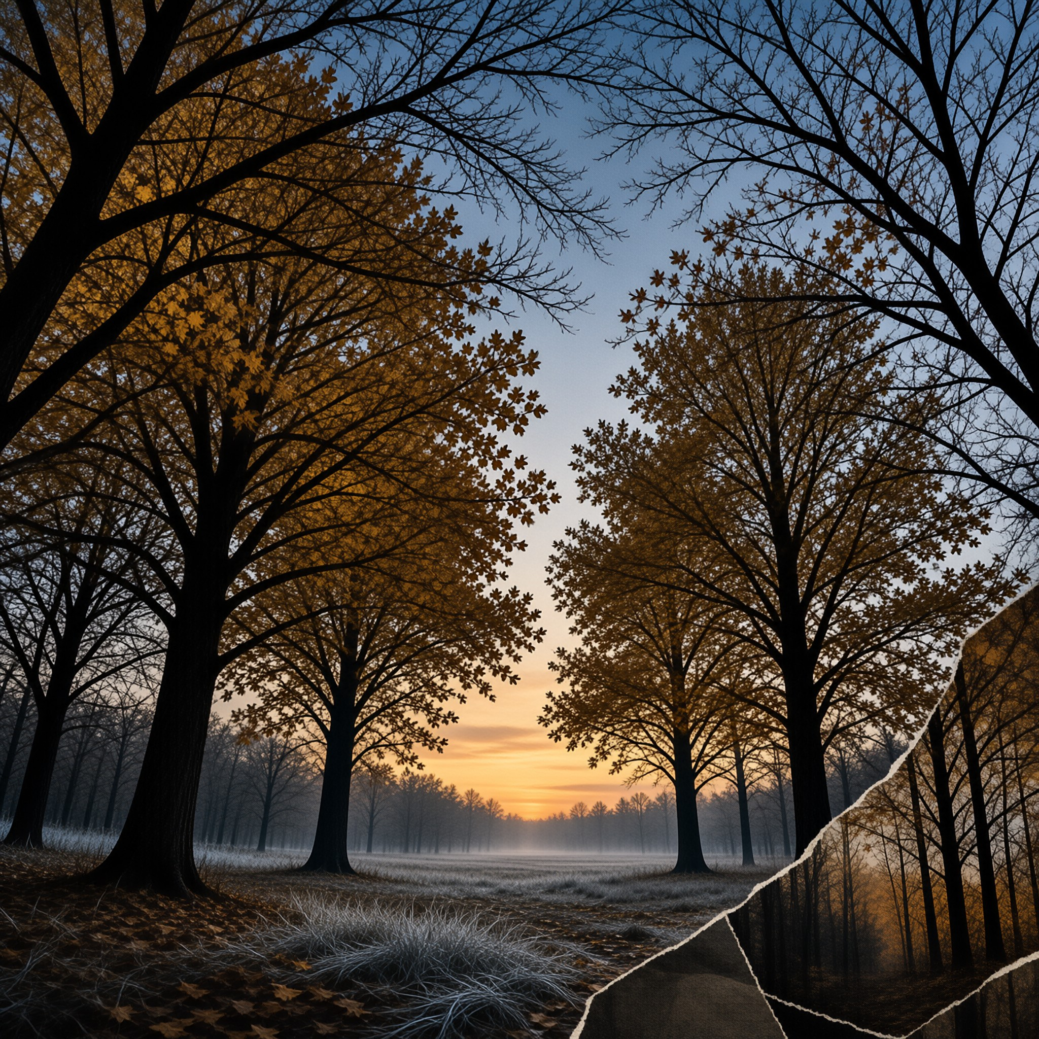 A row of deciduous trees with golden leaves stands along a frost-covered path under a twilight sky.