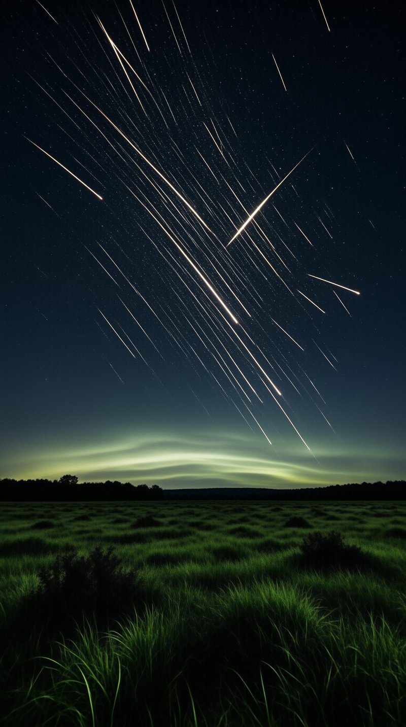 Long streaks of starlight arc across a dark sky above a wild green meadow and glowing low clouds.