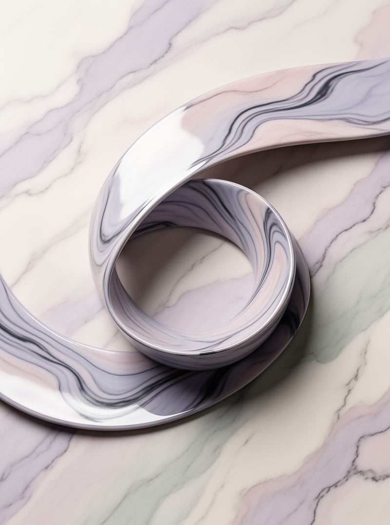 A glossy marble ribbon loops into a spiral over a soft pastel stone surface veined with lavender and pale green.