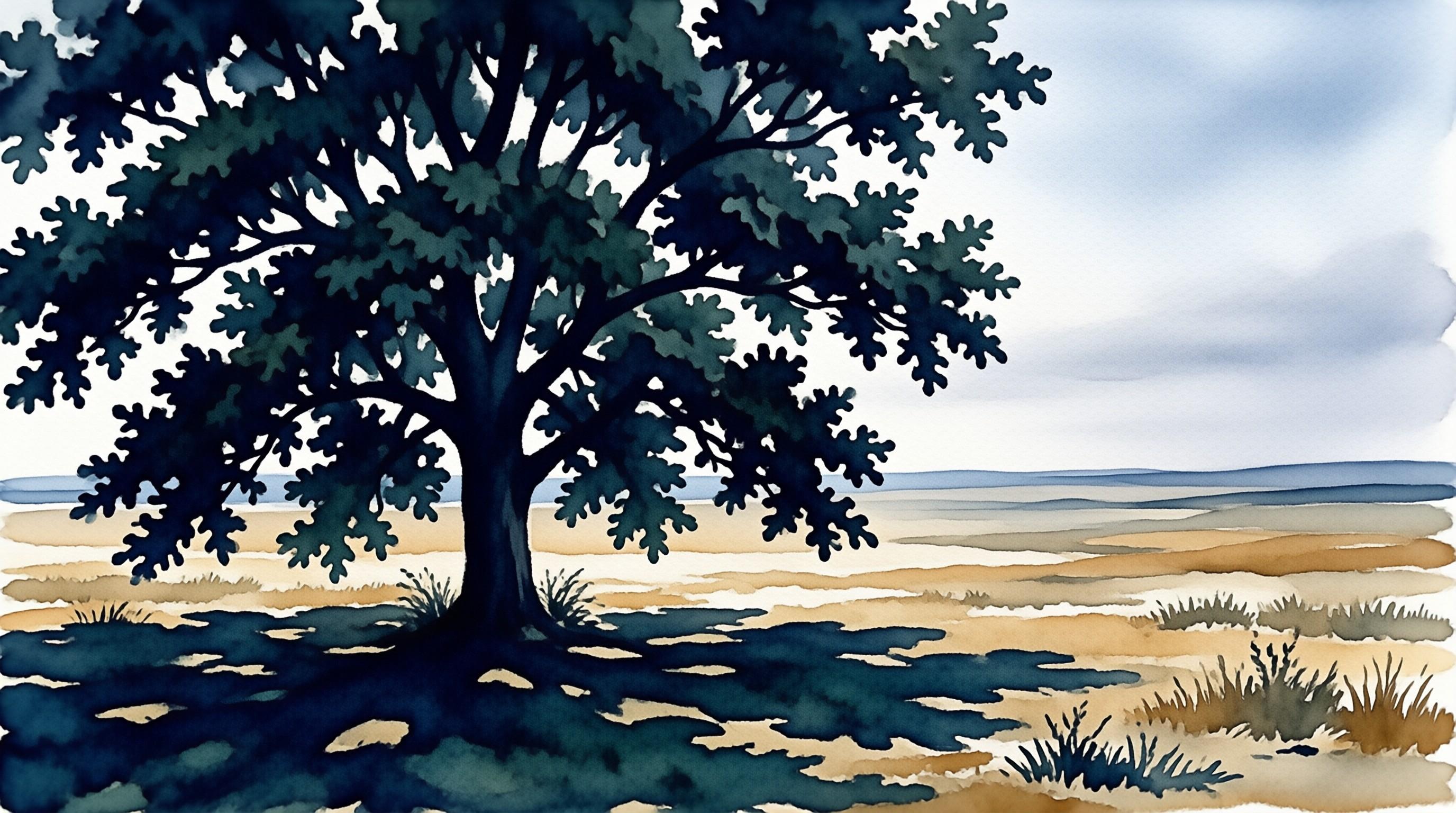 A watercolor painting depicts a solitary dark tree casting deep shadows across dry sandy ground towards a distant blue horizon.