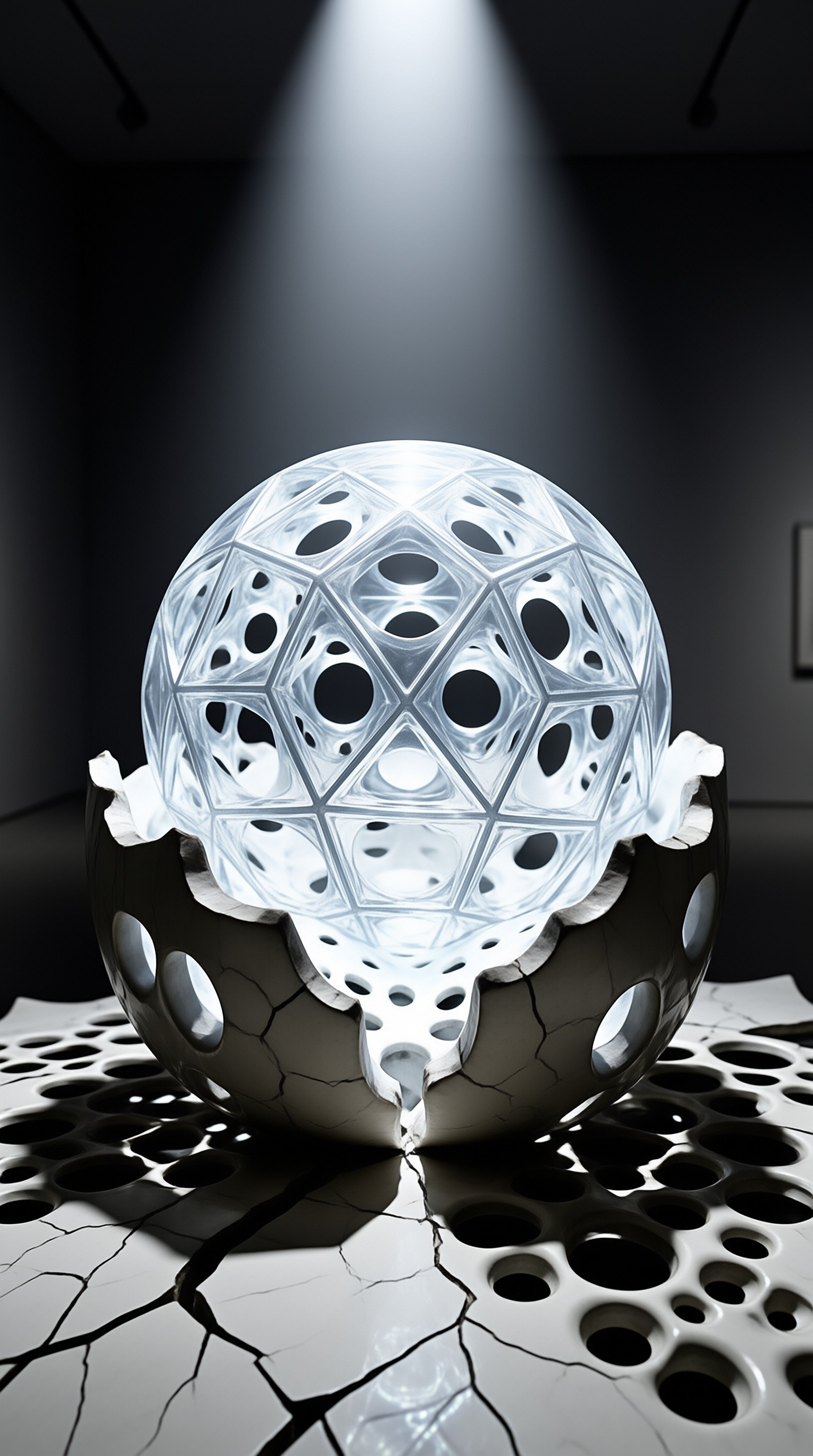 A translucent geometric sphere sits inside a cracked dark shell on a perforated surface under a spotlight.
