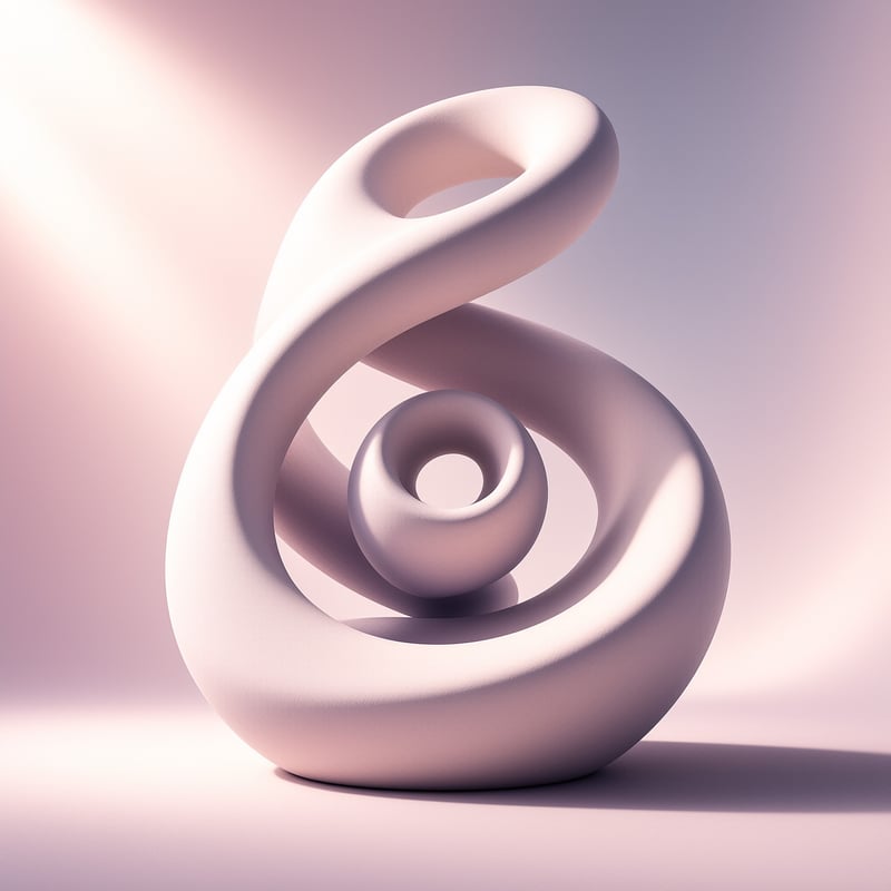 A smooth pink three-dimensional loop twists around a central void against a gradient background with soft shadows.