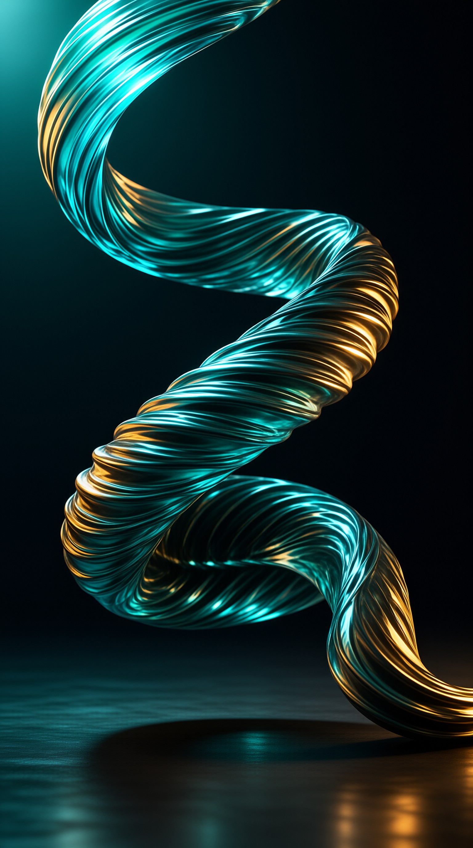 A twisted metallic strip reflects cyan and gold light while curving dynamically through a shadowed space.