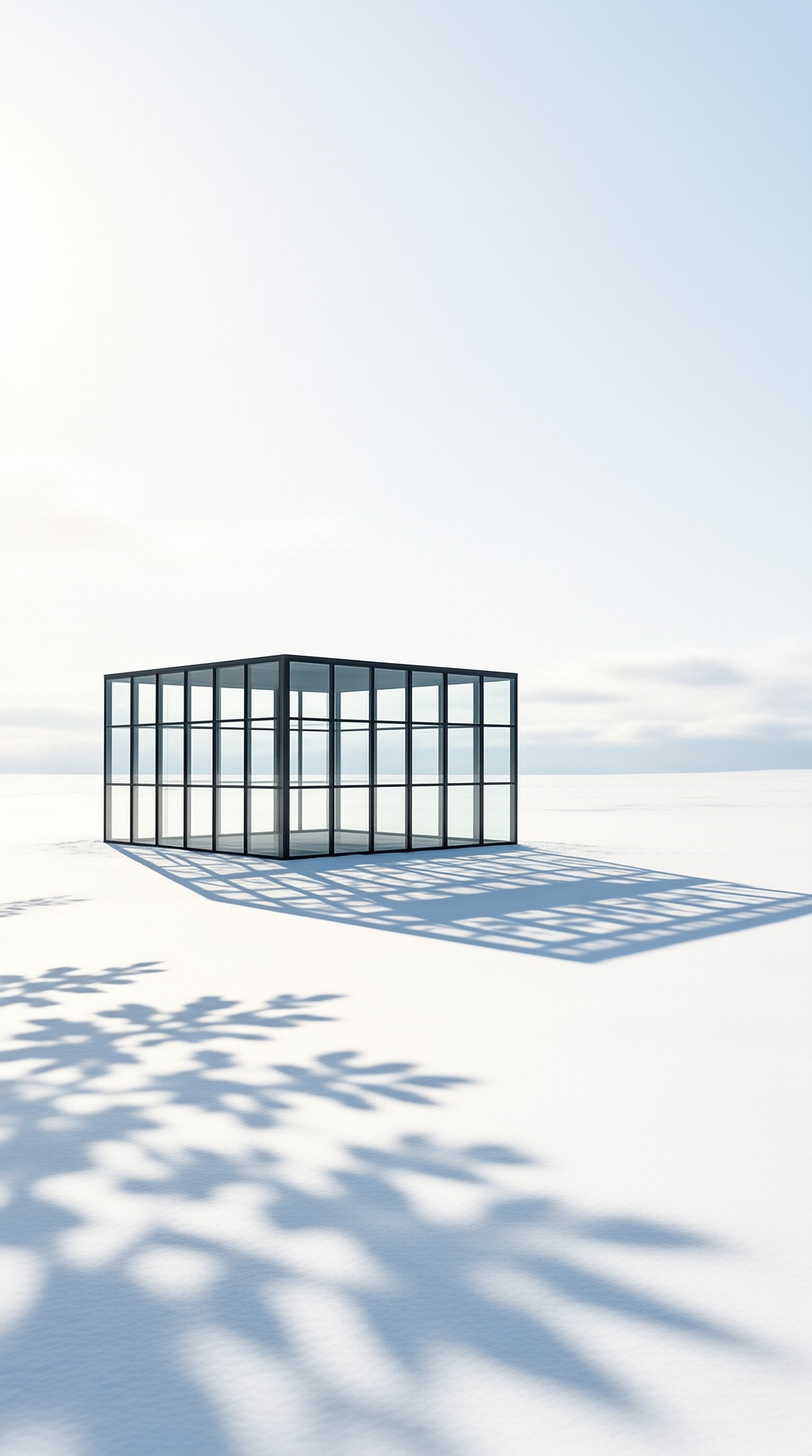 A minimalist black and glass room sits isolated on a bright white plain casting a geometric shadow.