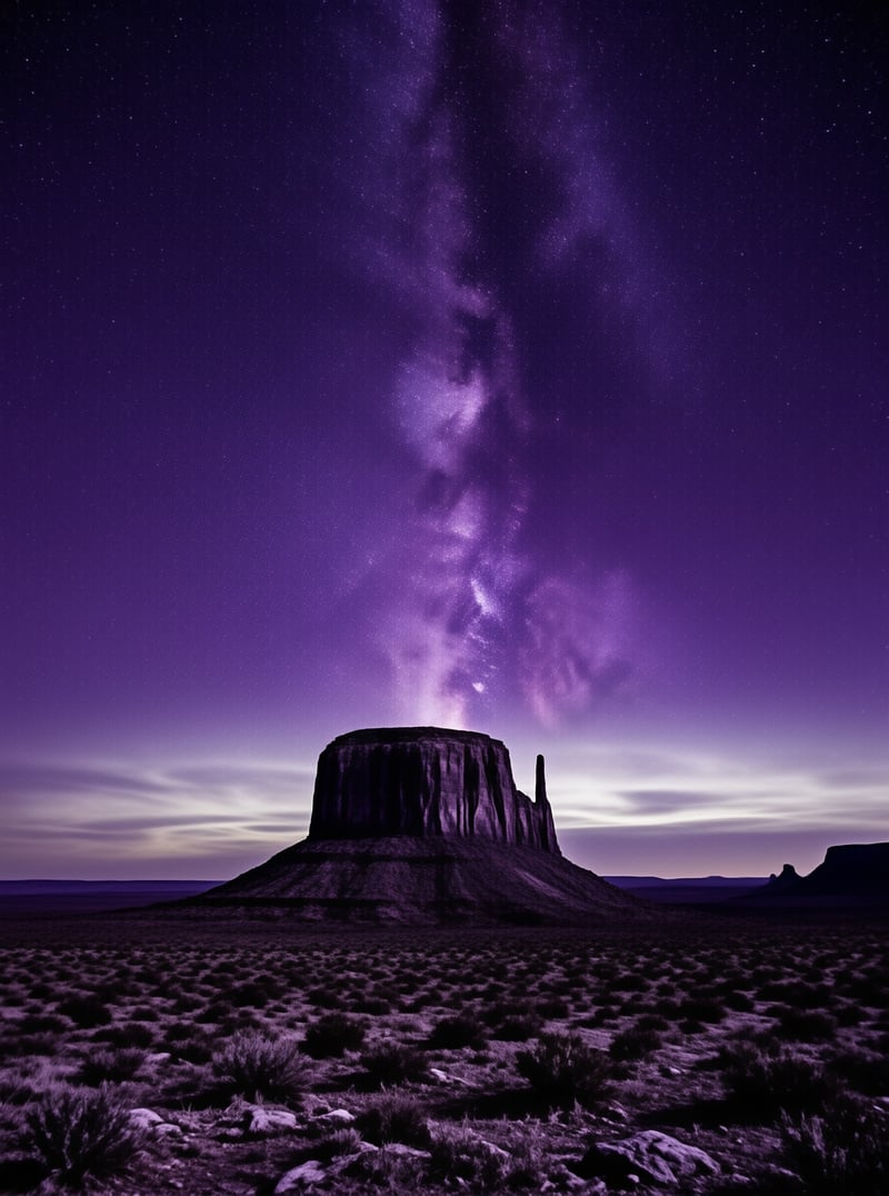 A massive desert butte rises beneath a vibrant purple night sky featuring the Milky Way.