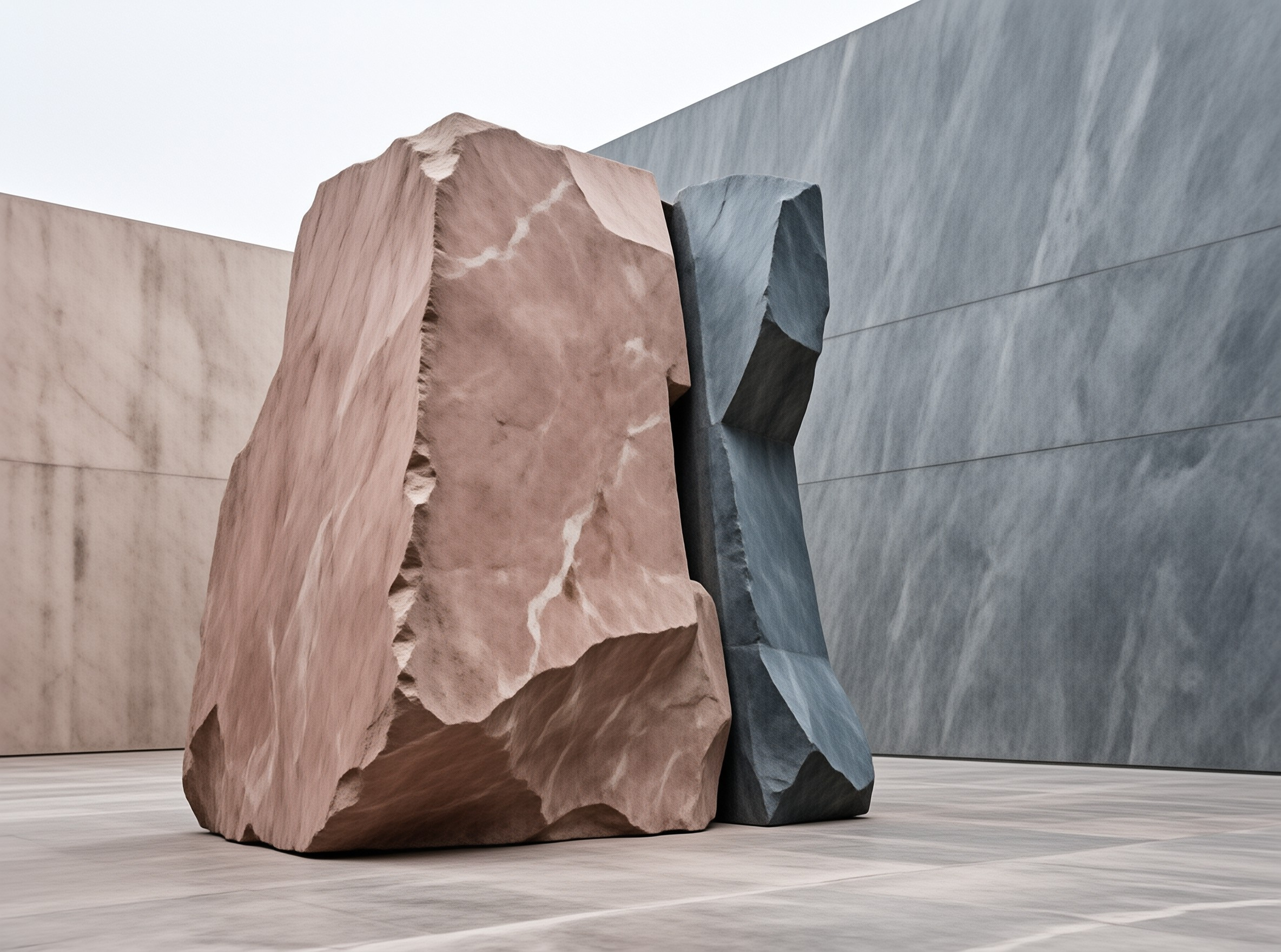 Russet and slate blue carved stone slabs sit in a bright gallery with pale walls, even soft light and pale tiled floors.