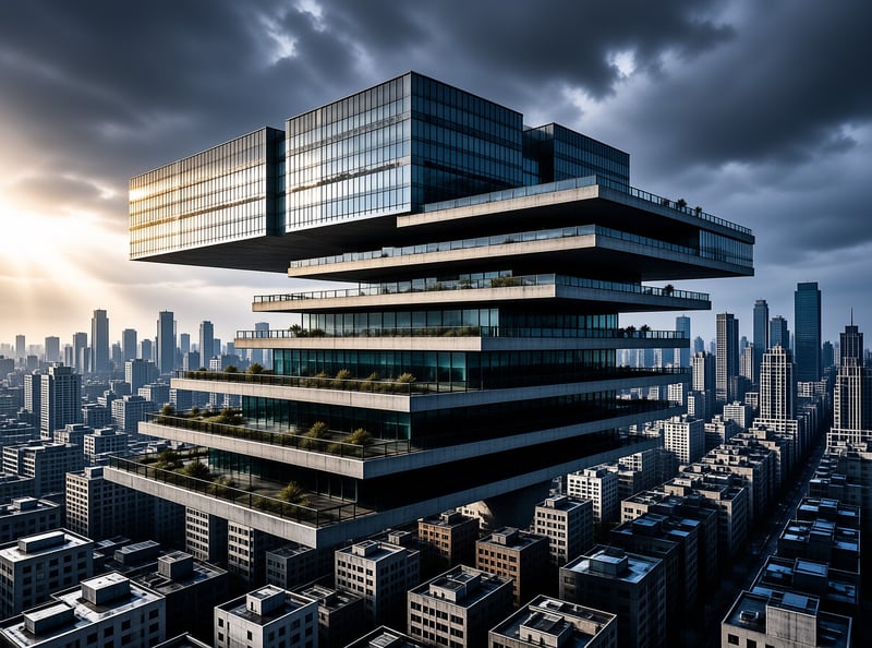 A massive glass structure with floating terraces rises above a crowded metropolis under a dramatic sky with sunbeams.