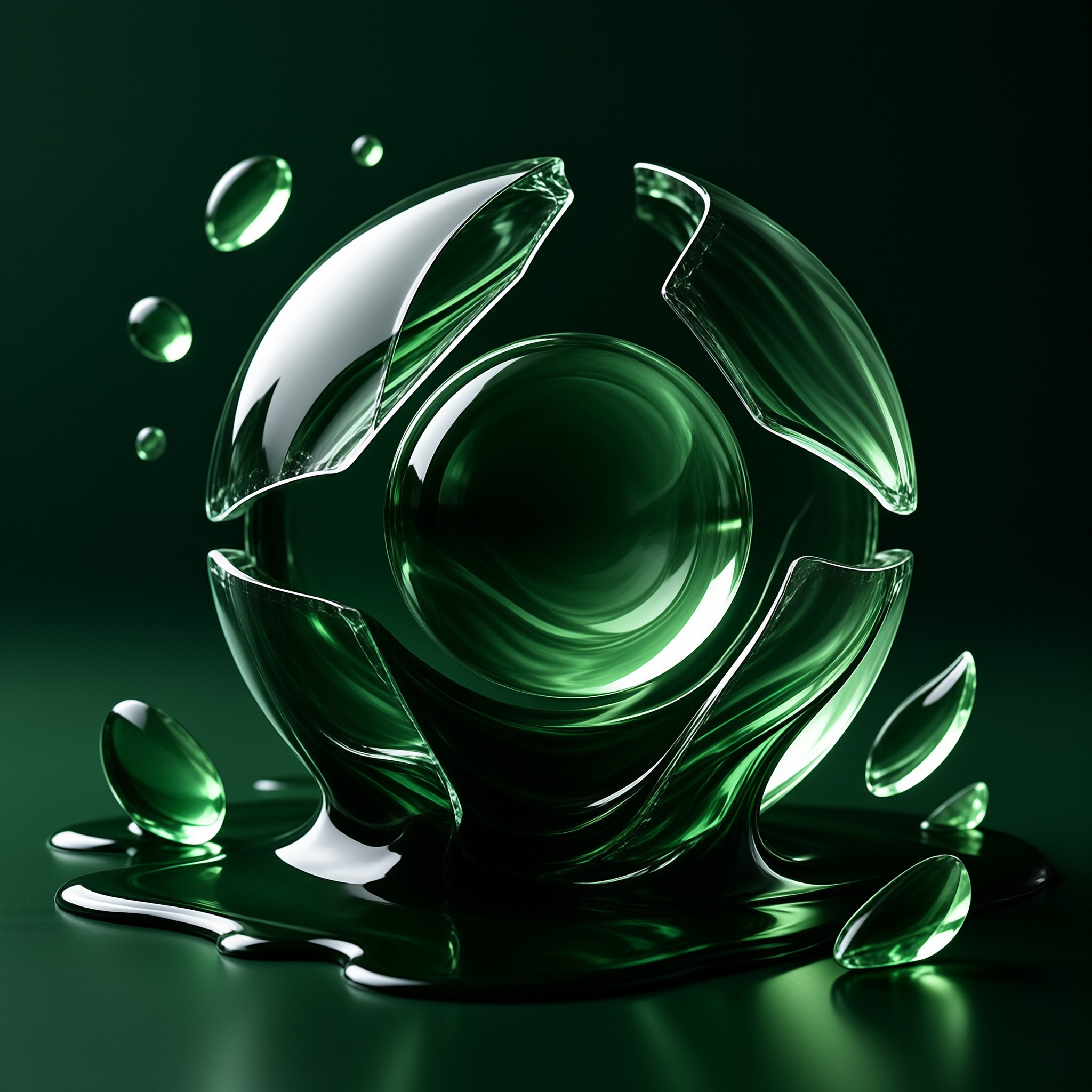 A glossy green structure floats above a dark surface, surrounded by suspended droplets of liquid glass.