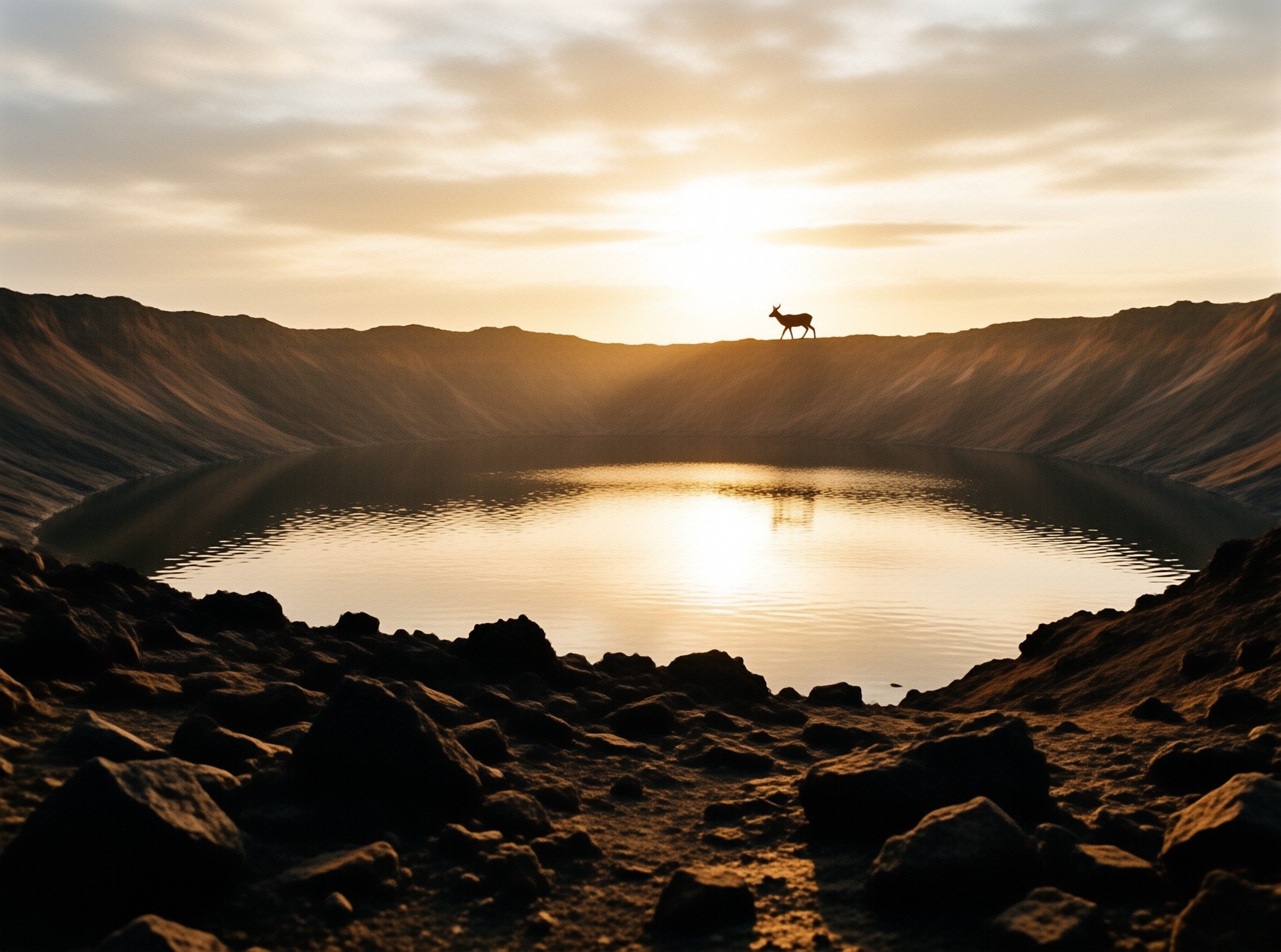 A lone antelope stands silhouetted on the rim above a still crater lake lit by the setting sun.