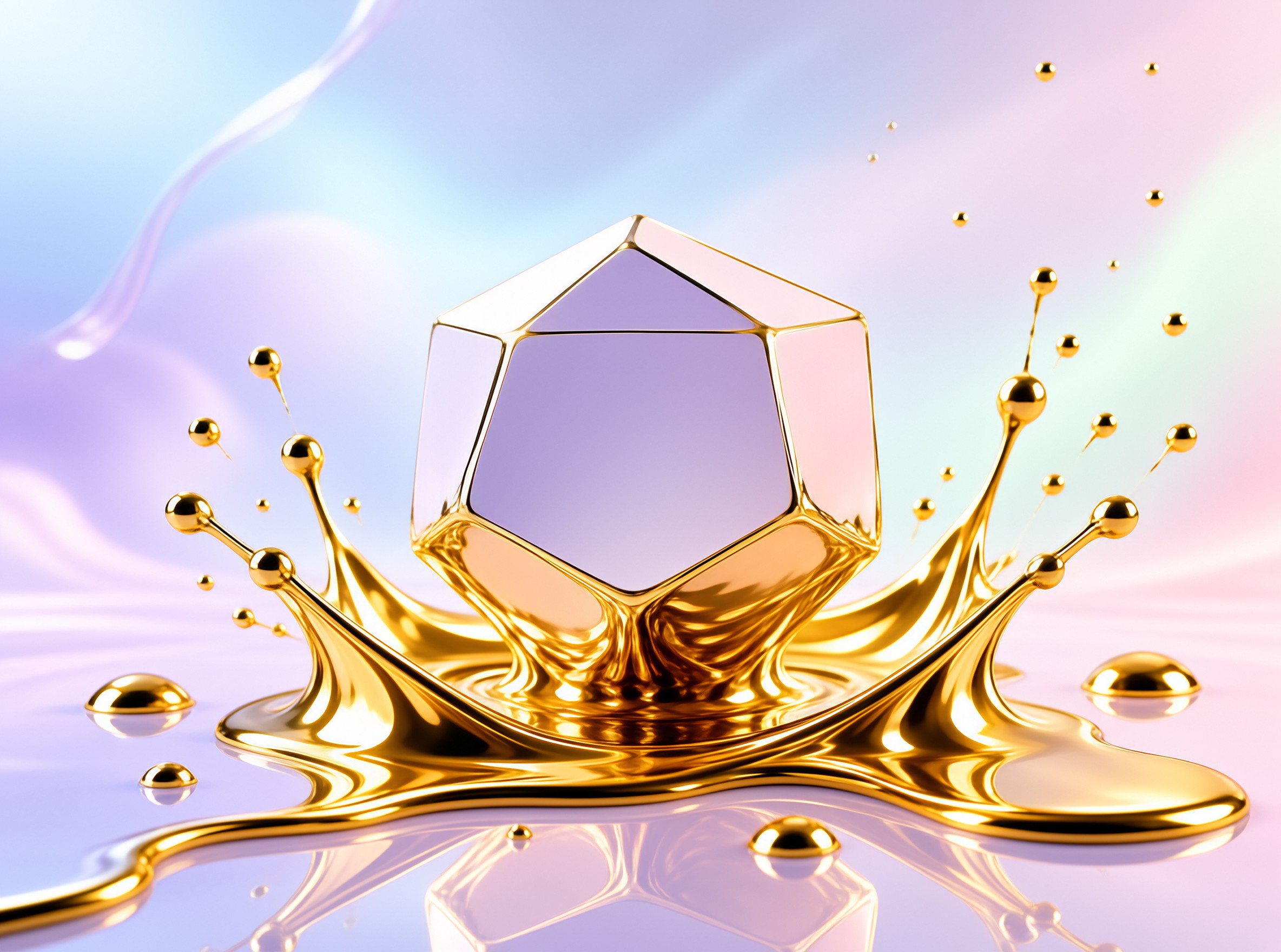 A translucent geometric shape with golden edges rises out of a splash of molten metal against a pastel background.