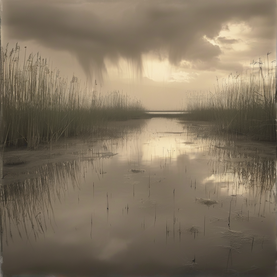 Tall reeds frame a quiet marsh channel reflecting the bright light breaking through heavy storm clouds above.