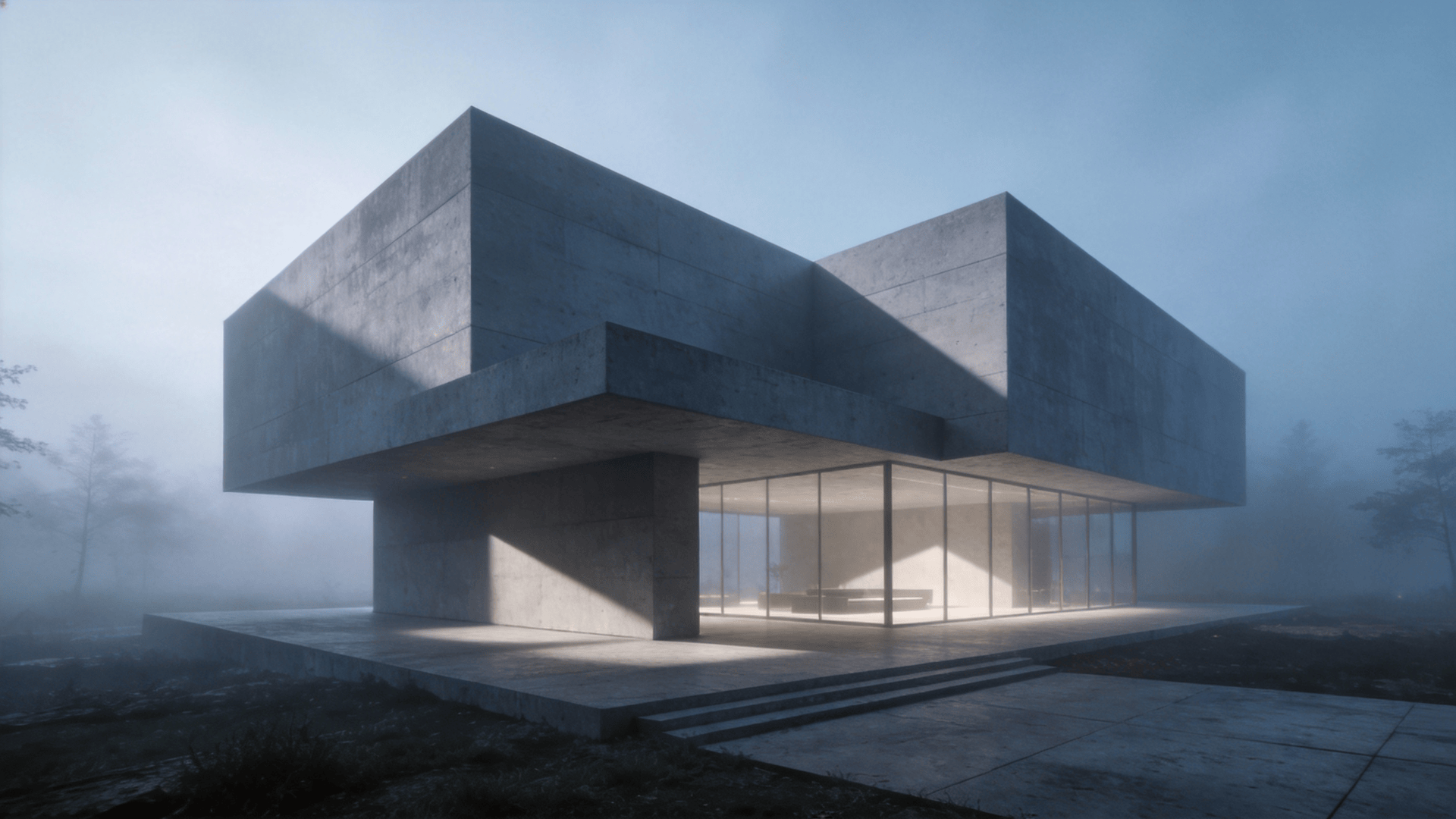 Pavilion with Brutalist Massing — Foggy Morning