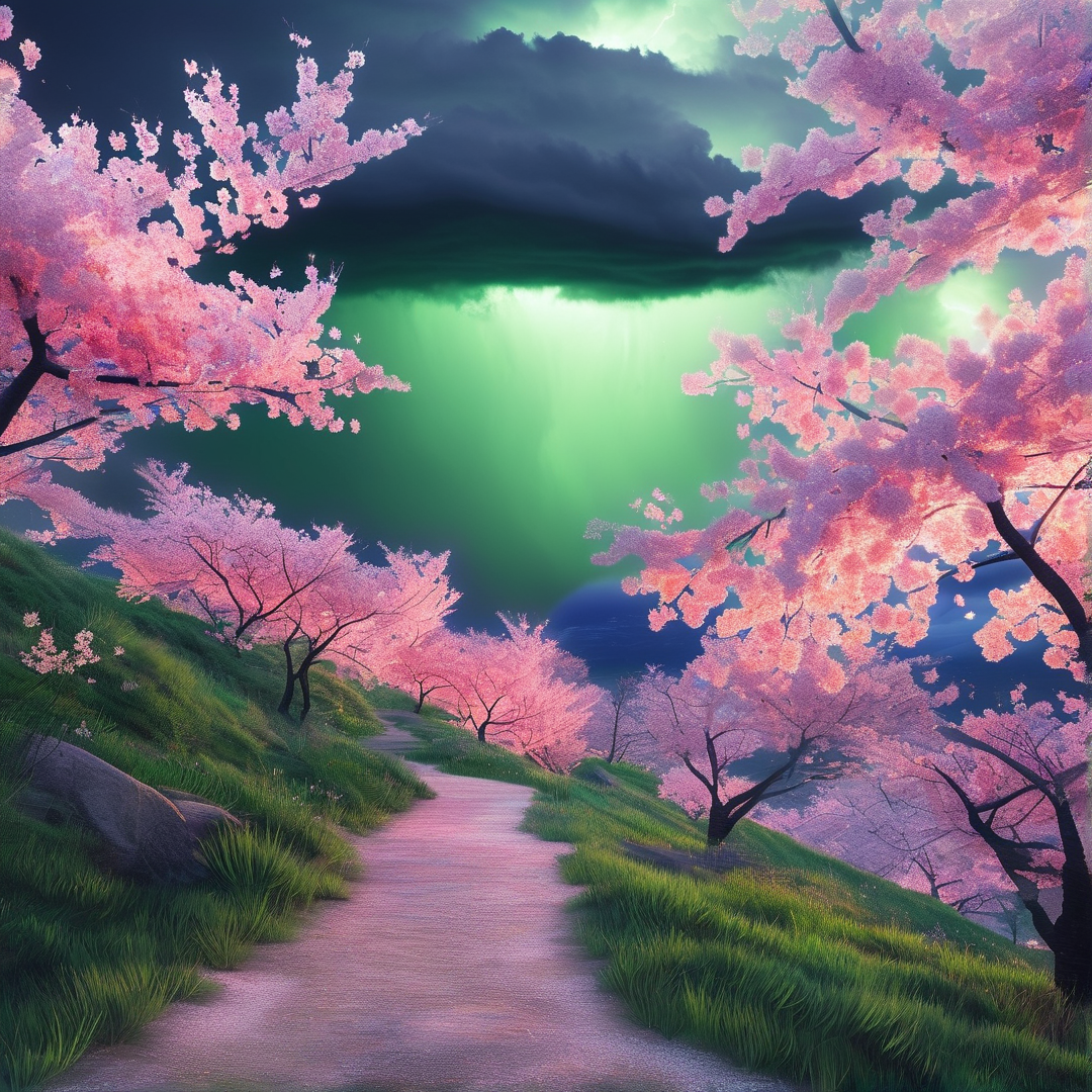 Cherry Blossoms Under Green Aurora