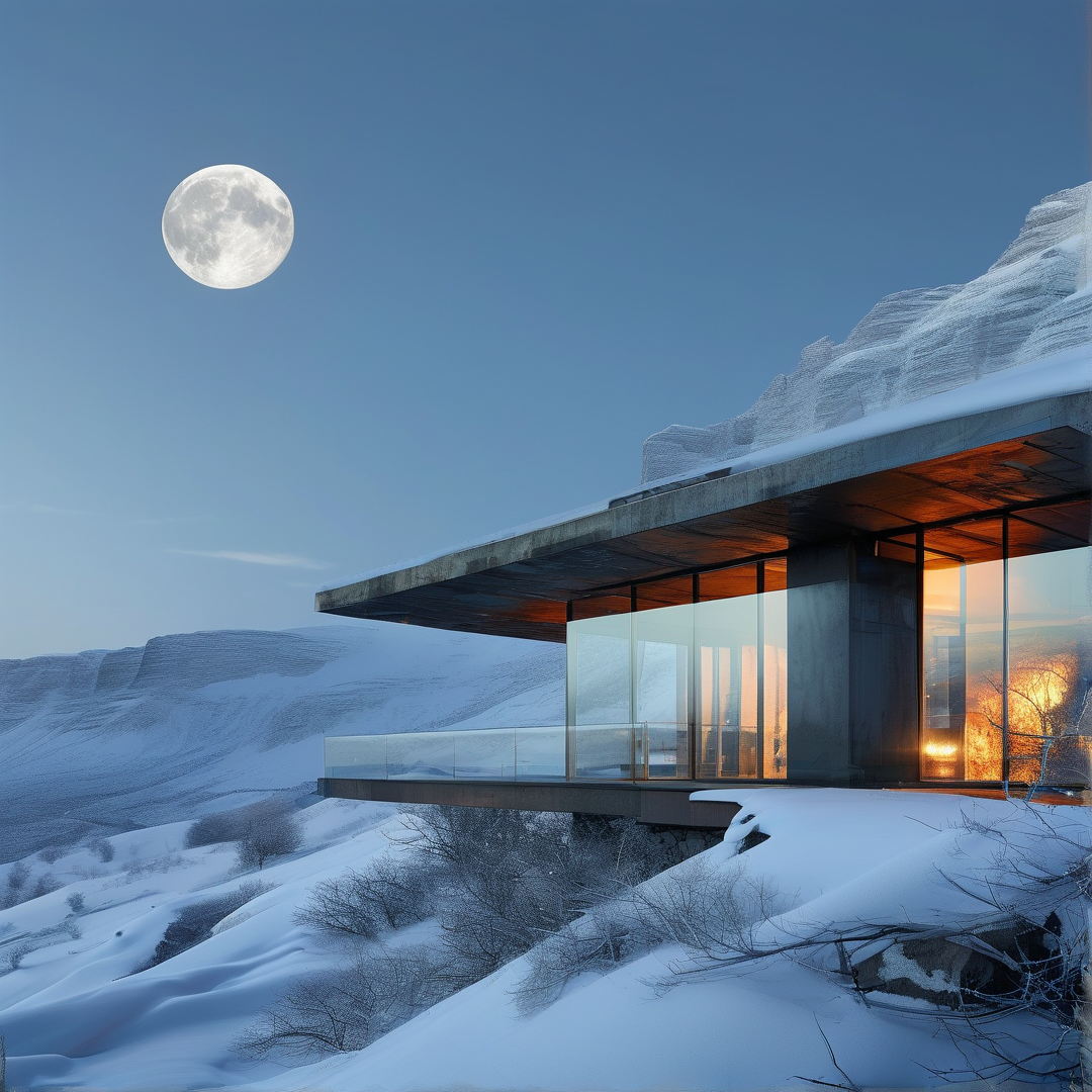 A contemporary structure with expansive windows glows warmly while perched on a snow covered ridge beneath a large bright moon.