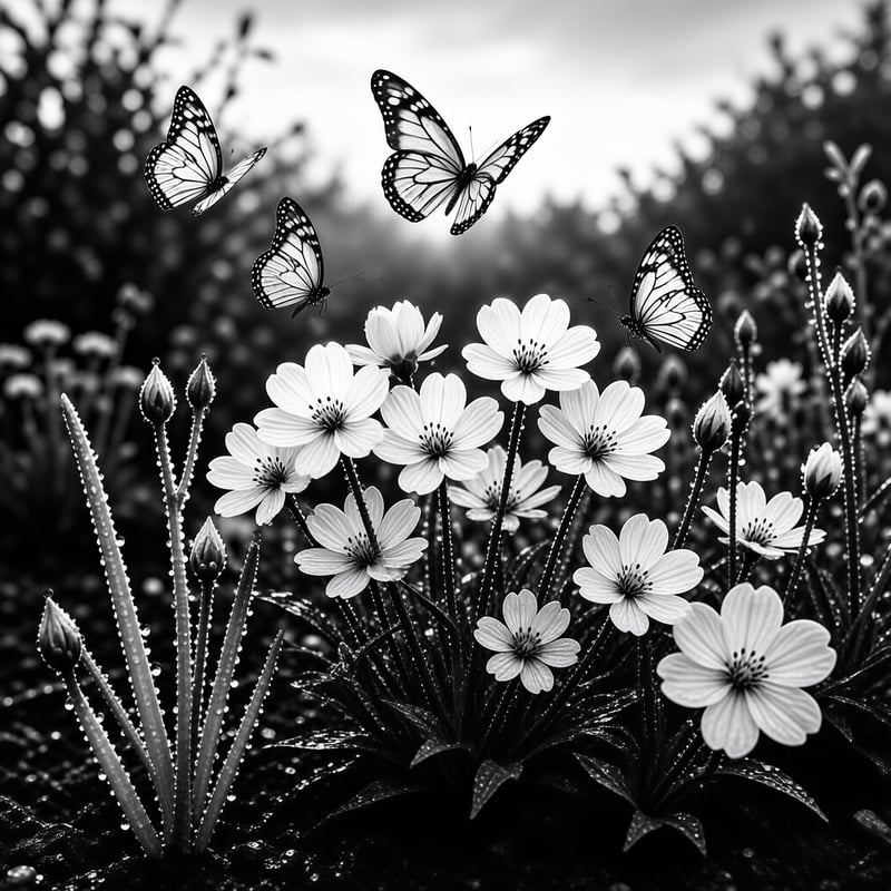 Black and white photo of butterflies flying above white flowers covered in dewdrops with a soft blurred background.