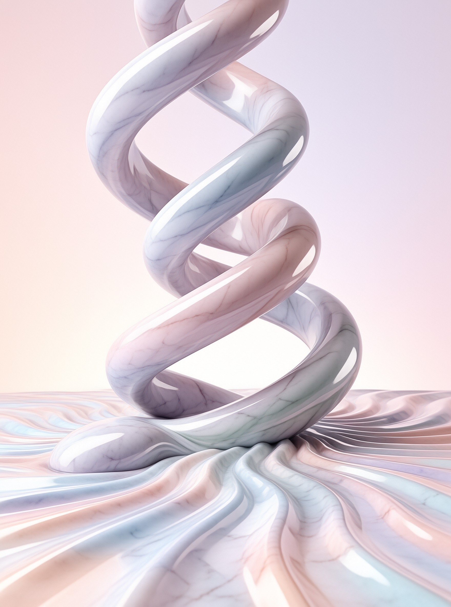 A smooth pastel helix made of shiny stone rises from a rippled floor reflecting soft light.