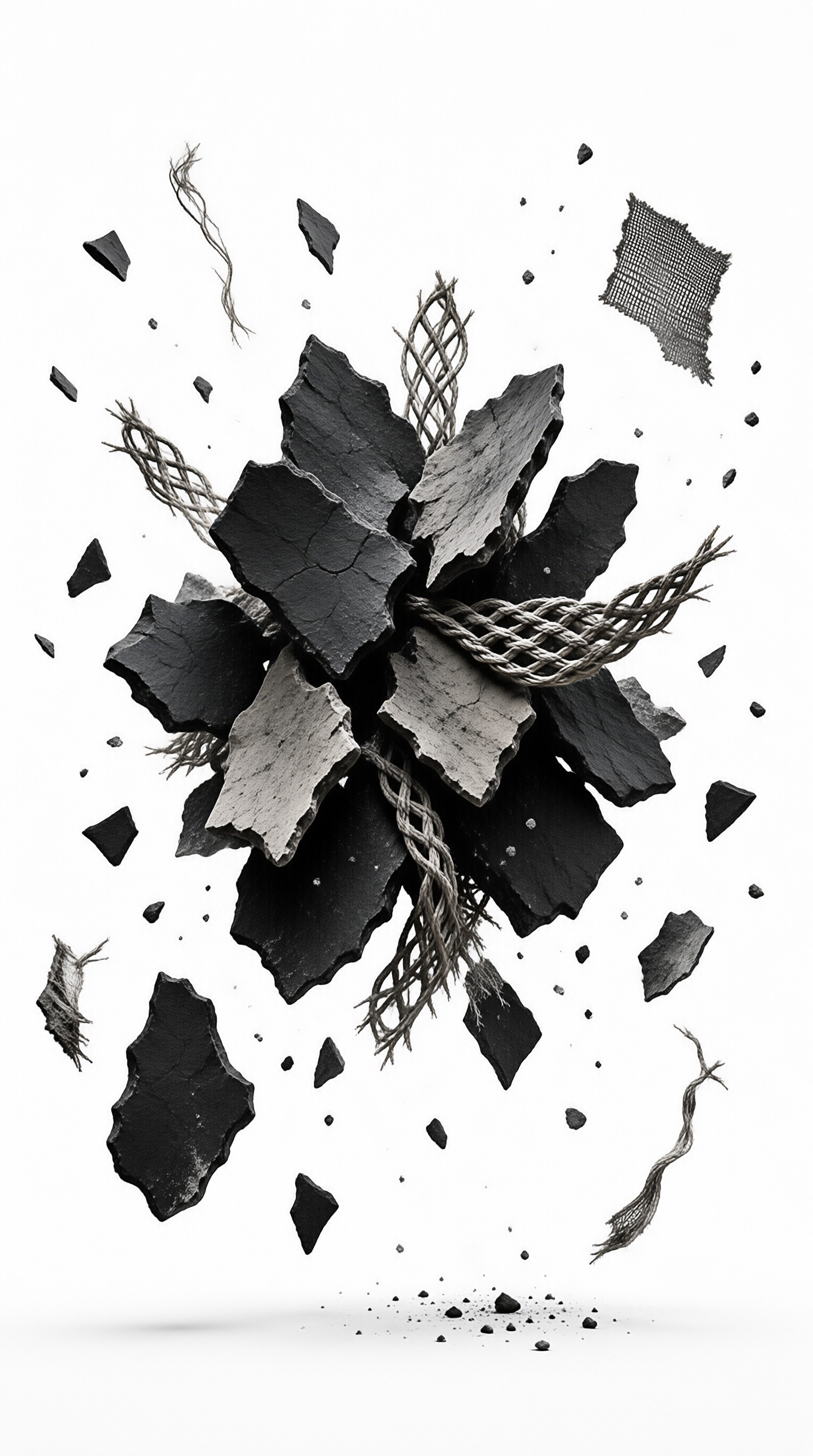 Dark broken stone fragments and twisted fibers hang frozen against a stark white studio backdrop.
