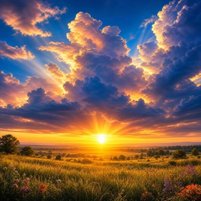 Sunset Over a Grassy Field