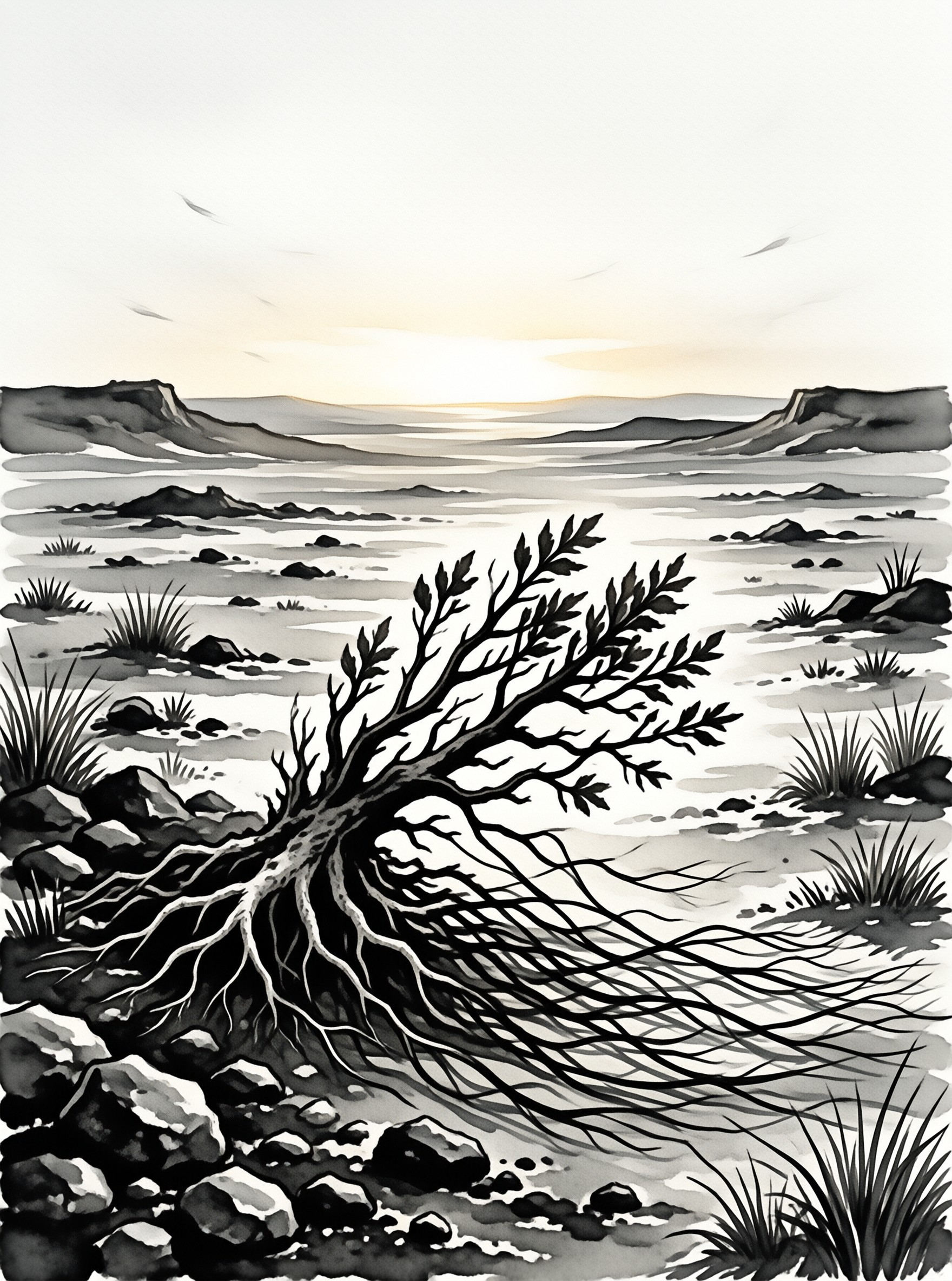 Ink art of a sparse leafy shrub rooted in a vast cracked salt flat under a pale warm dusk sky with low distant mountains.