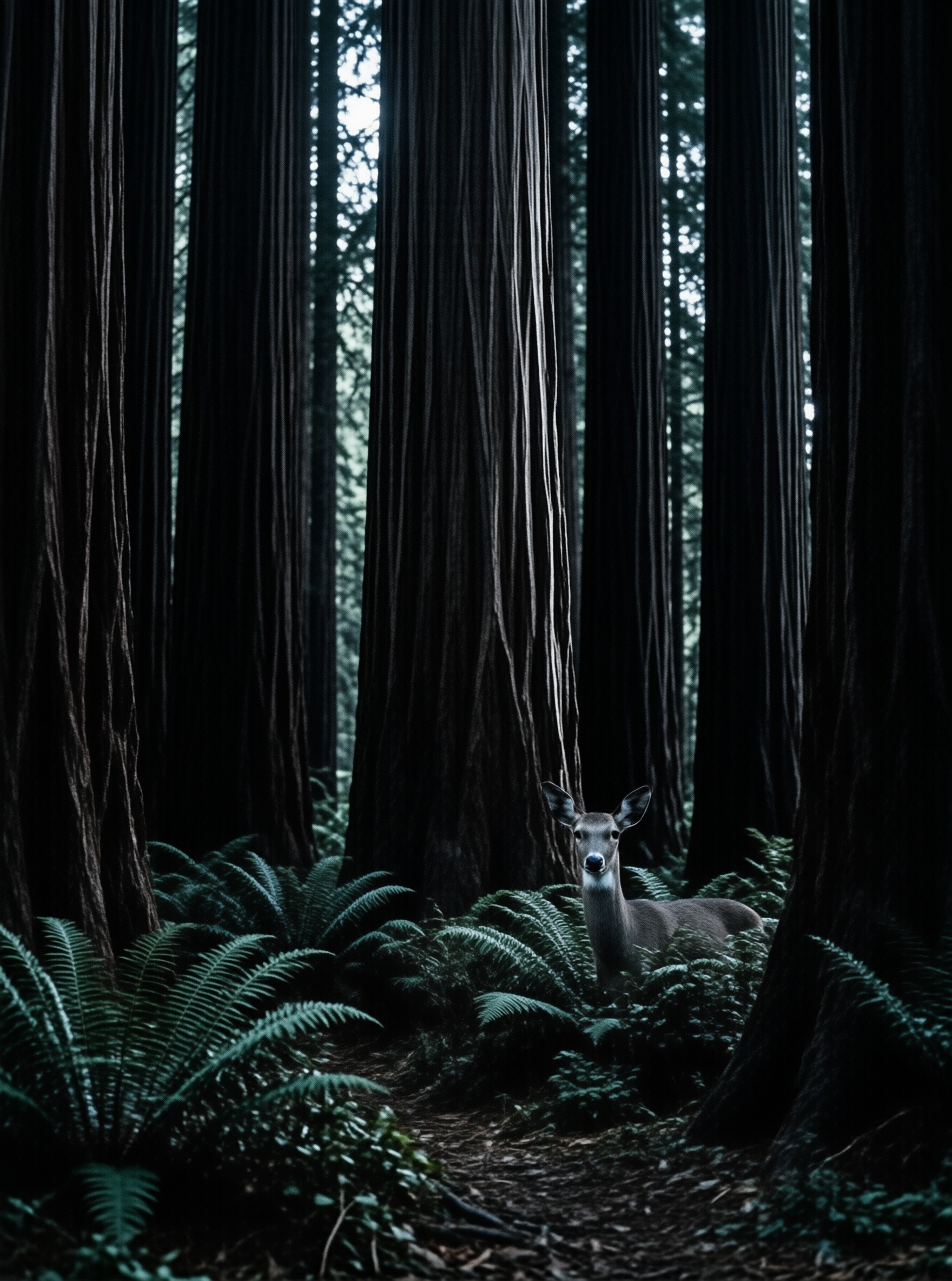 A solitary deer stands alert among massive dark tree trunks and lush ferns within a dimly lit cool toned forest environment.
