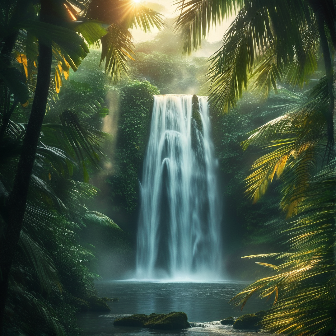 Sunlit Tropical Waterfall