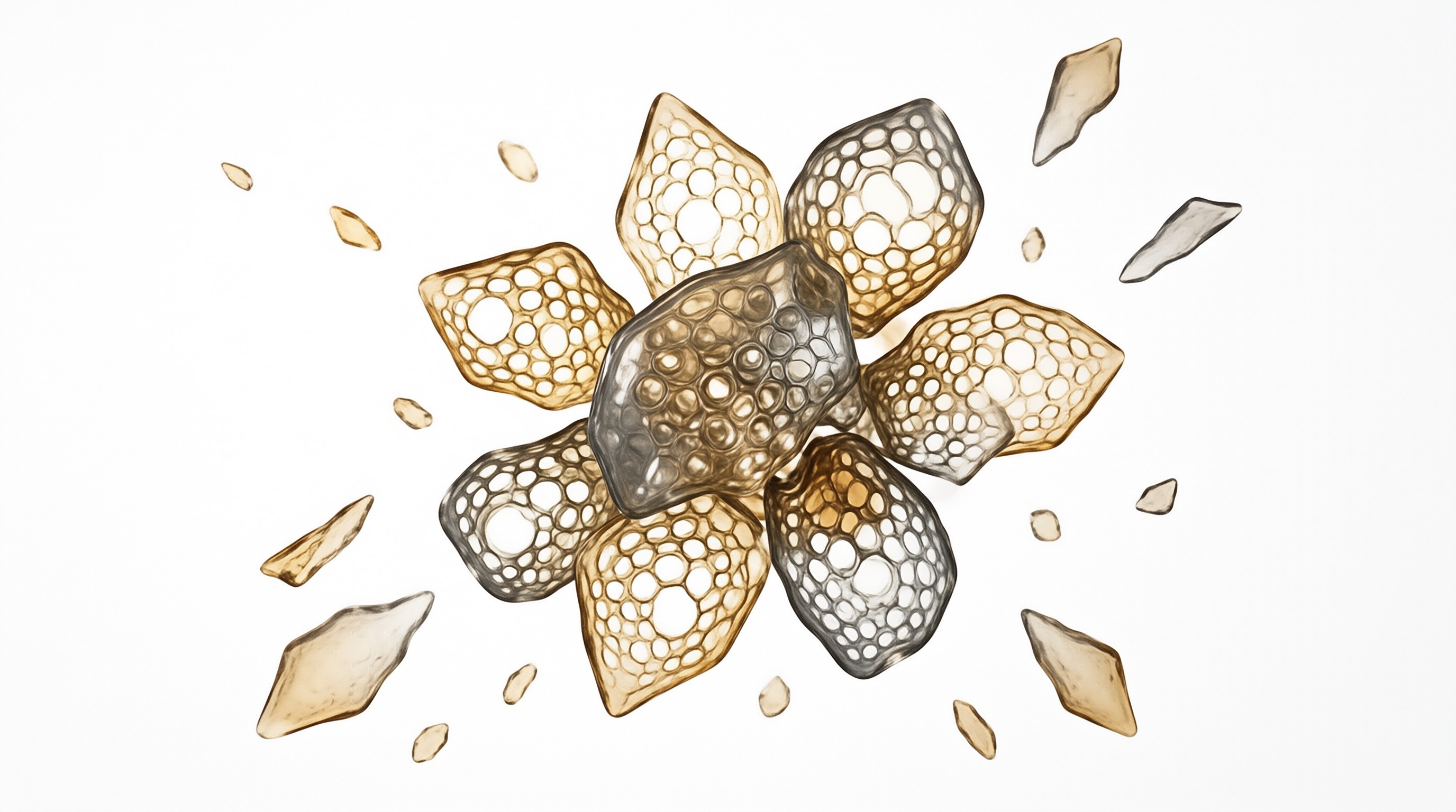 A cluster of translucent amber and grey honeycomb crystal shapes is surrounded by smaller broken fragments on a bright white plain background.