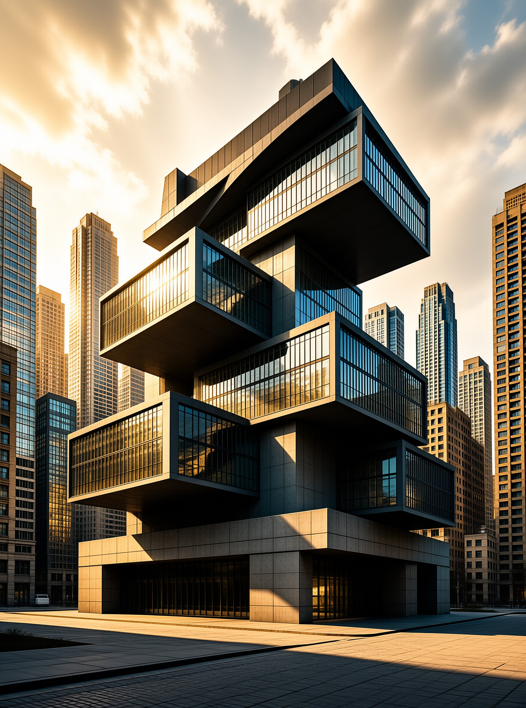 A geometric building with stacked cantilevered sections stands in a city surrounded by skyscrapers during sunset.