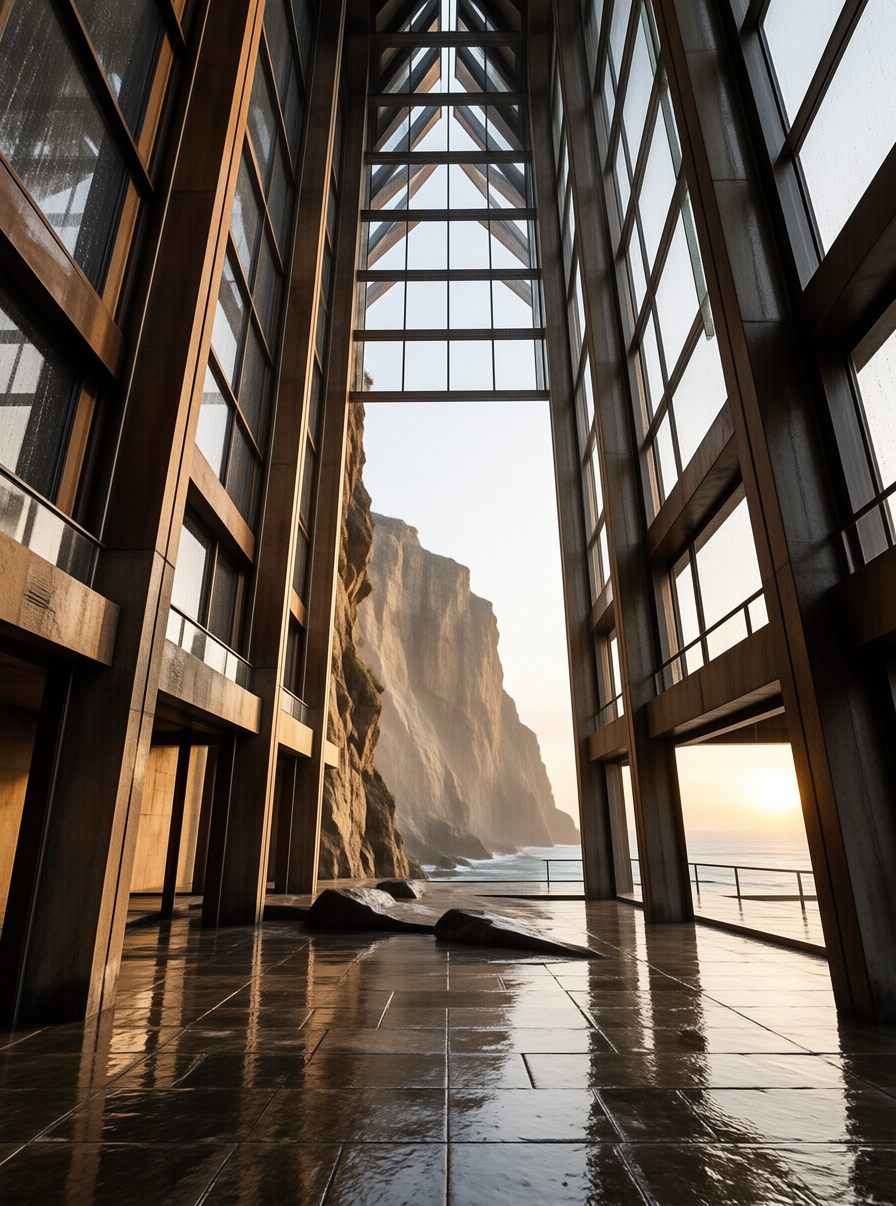 Towering glass walls frame a dramatic coastal landscape with steep cliffs and the sea during golden hour