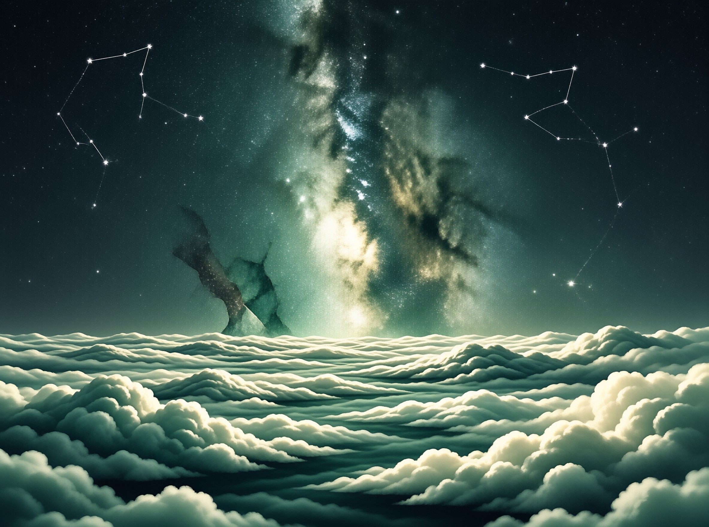 A luminous galaxy arc dominates the night sky above a vast expanse of rolling white clouds.