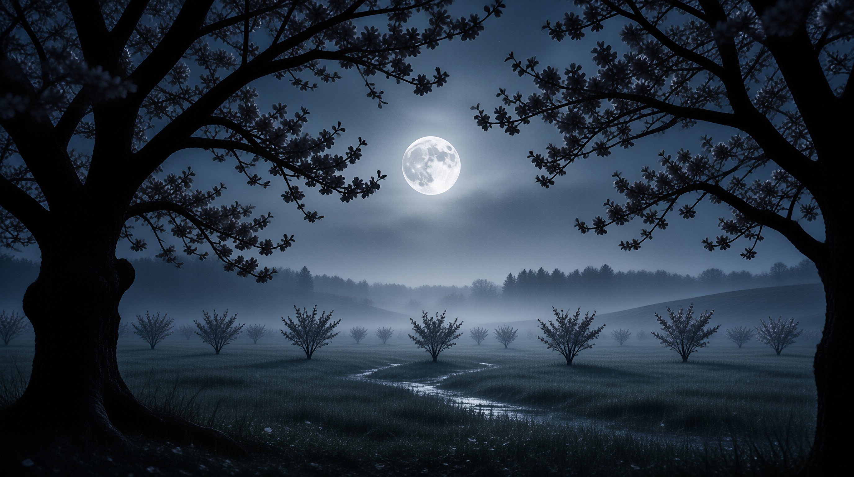 Moonlit Cherry Blossom Field