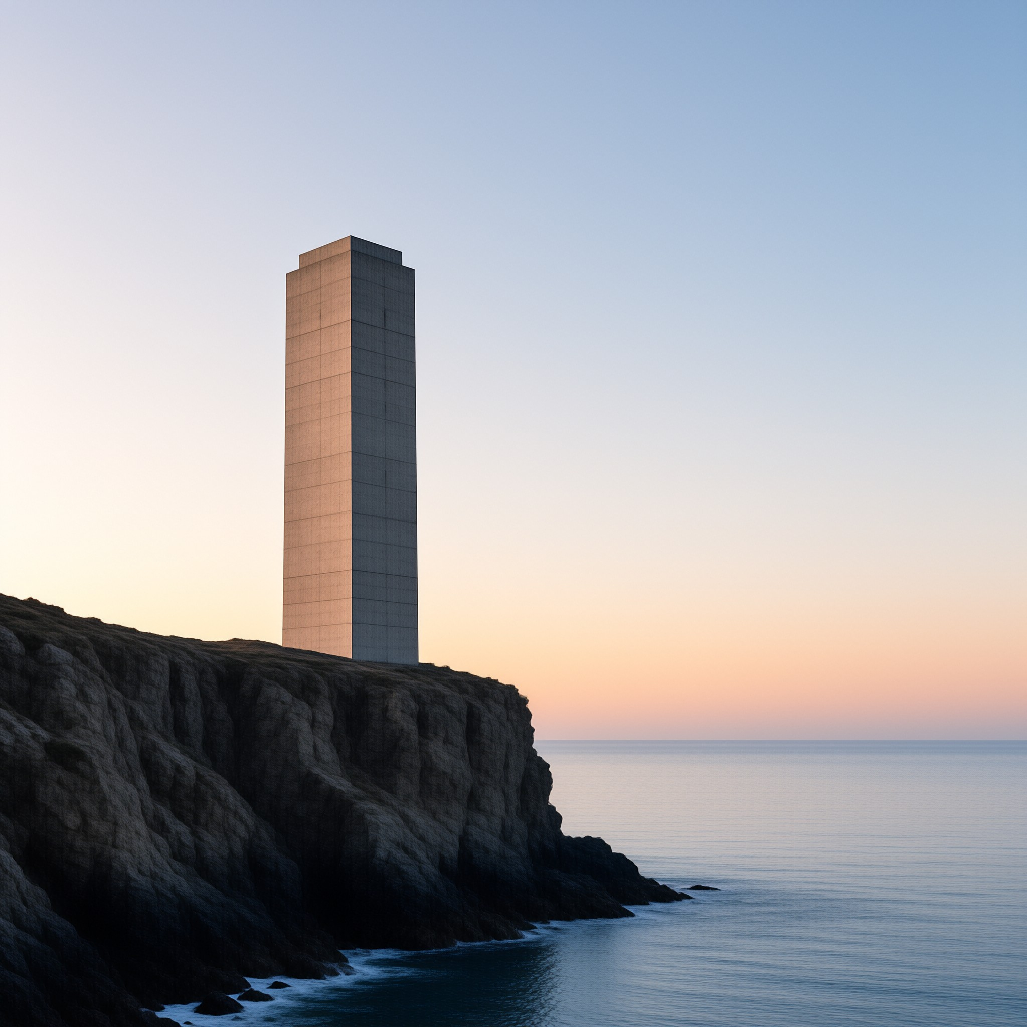 A slender grey tower catches the last pink light of sunset at the crest of a dark coastal bluff above still water