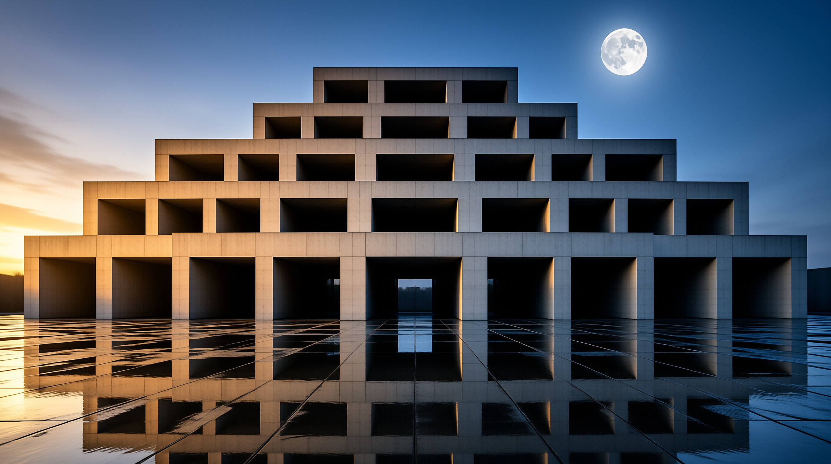 A massive stepped concrete structure stands above a mirror surface reflecting the twilight sky and a full moon.