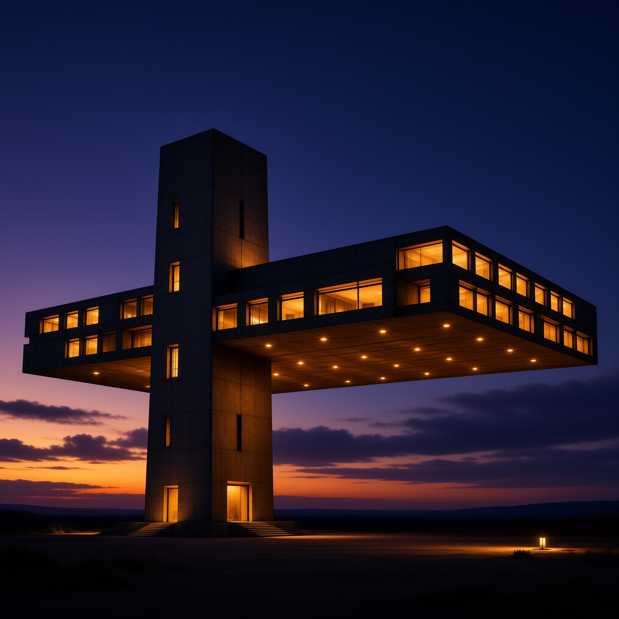 A massive stone structure shaped like a cross stands against a purple sky while its warm yellow windows shine brightly.