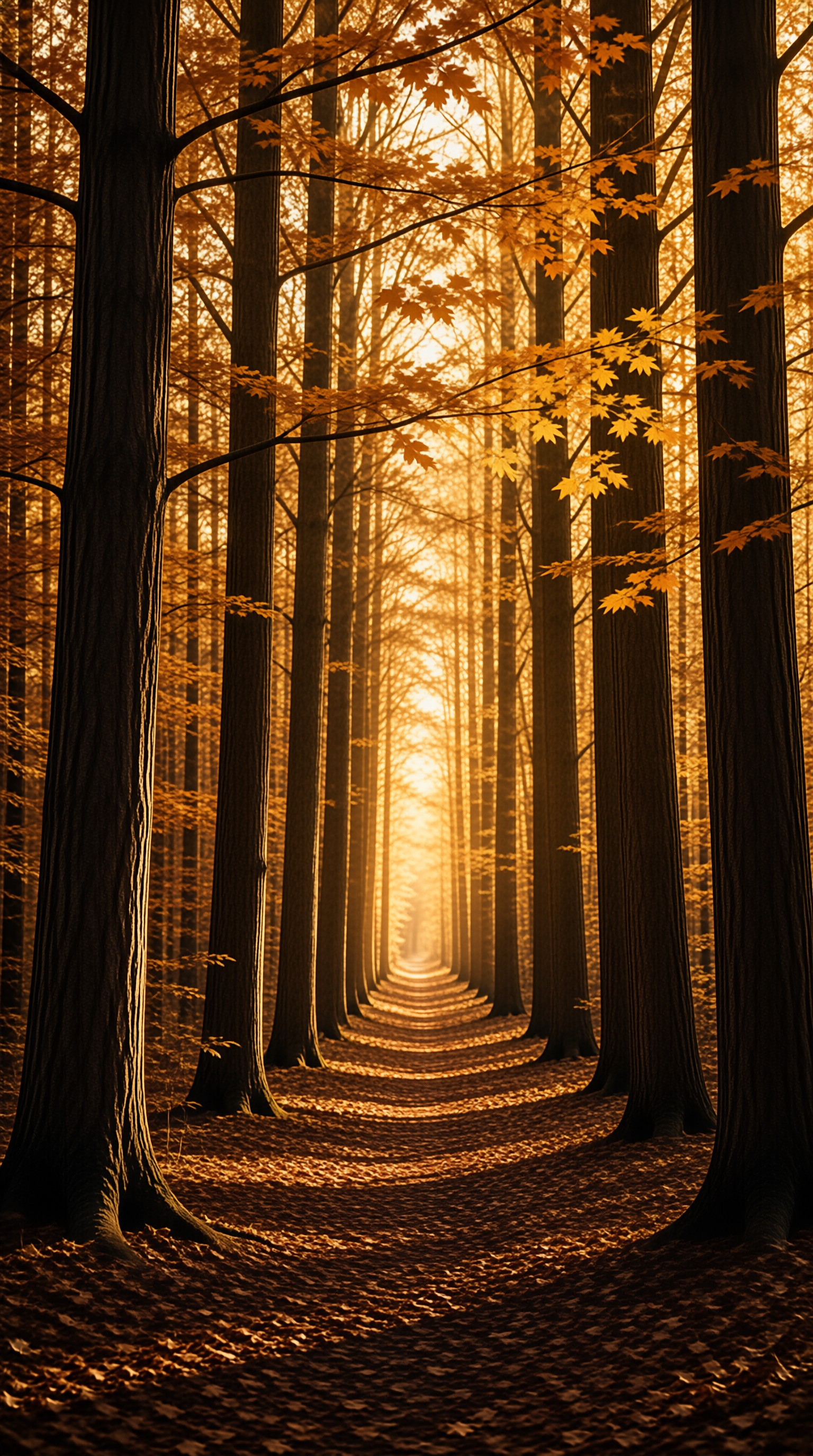 Tall trees line a straight forest path covered in fallen leaves as bright sunlight streams from the distant end.