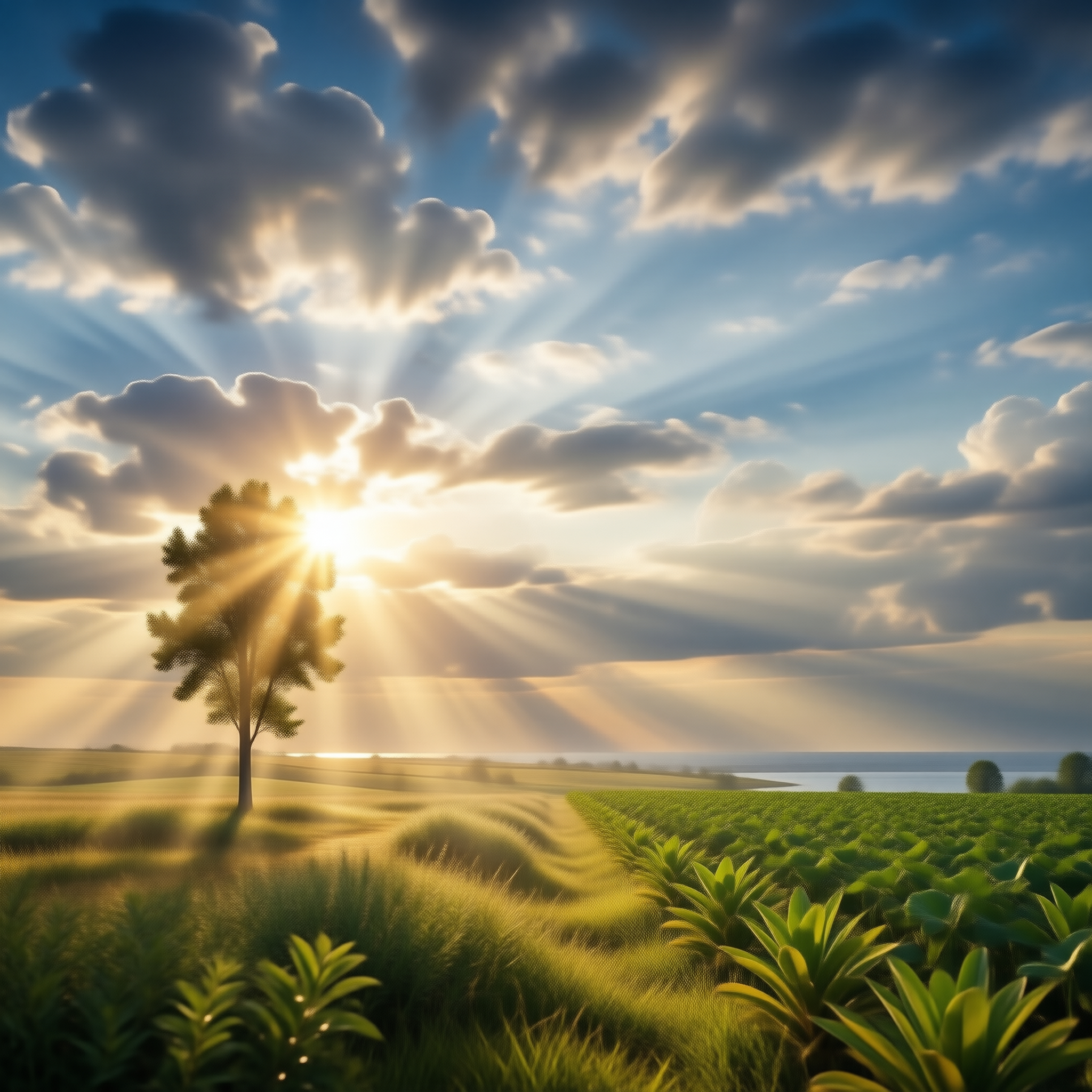 Sunlit Field with Tree
