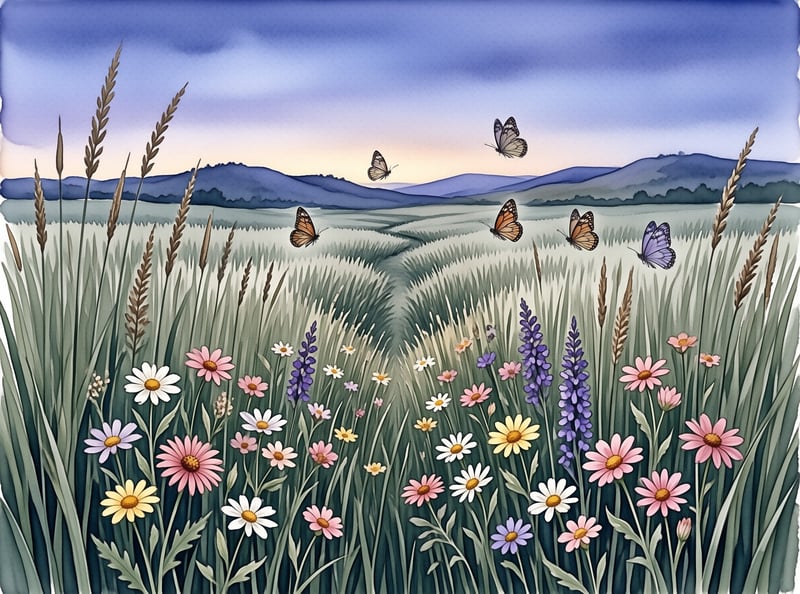 Butterflies soar above a grassy field filled with colorful wildflowers and distant mountains under a soft evening sky.
