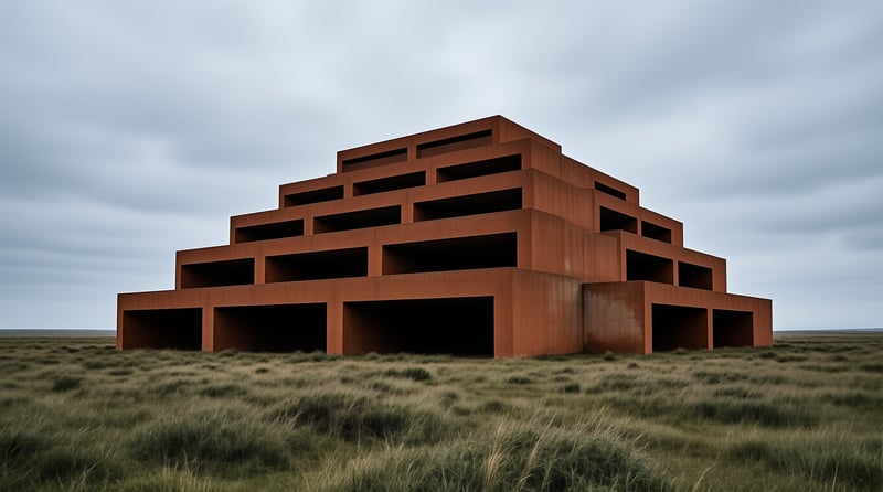 A stacked rust terracotta tiered step pyramid stands isolated in a wide open grassland under a heavy overcast grey sky.