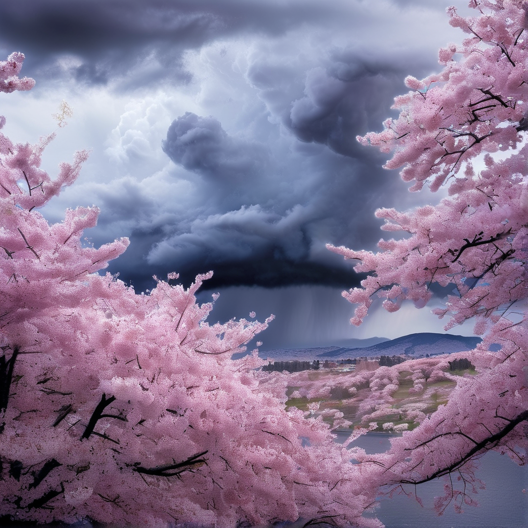Cherry Blossoms Under Storm